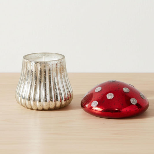 Glass Candle Accent – Candle for Relaxed Ambience, Living Room or Bedroom Shelf or Table, Whimsical Mushroom Shape Home Decor With Cinnamon Scent Glow – 6" / 12 oz, Red & Silver Finish