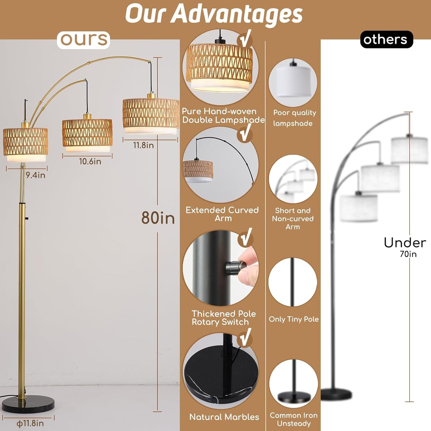 Gold Rattan Floor Lamp for Living Room, 80 Inch Tall Boho Floor Lamp with Rotary Switch, 3 Lights Arc Lamp with Wicker Shade for Coastal,Bohemian,Tree Farmhouse Standing Lamp