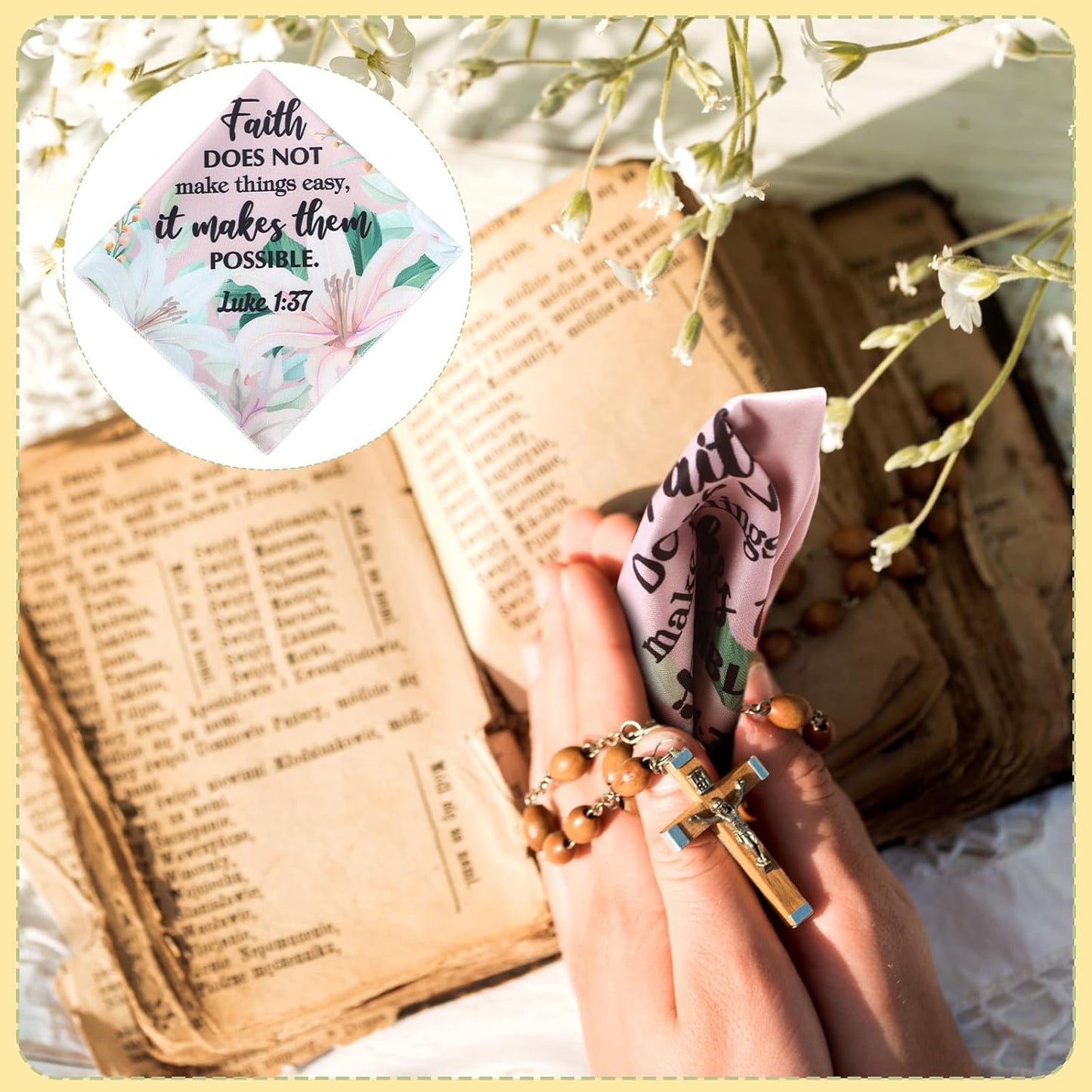 Kinlop 30 Pcs Christian Handkerchief for Women Prayer Handkerchief Christian Gift Bulk Ladies Floral Hankies Inspirational Scripture Bible Verse Religious Church Gift for Mom Sister Friend Teacher