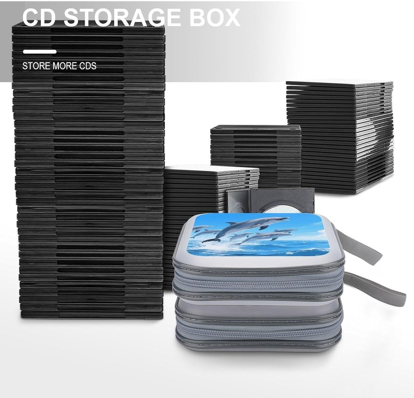 Dolphins CD Case Portable Zipper CD Case 40 Capacity Hard Plastic DVD Cases Holder Large Storage Disc Wallet Bag for Car Home Travel DVD Collection Bag