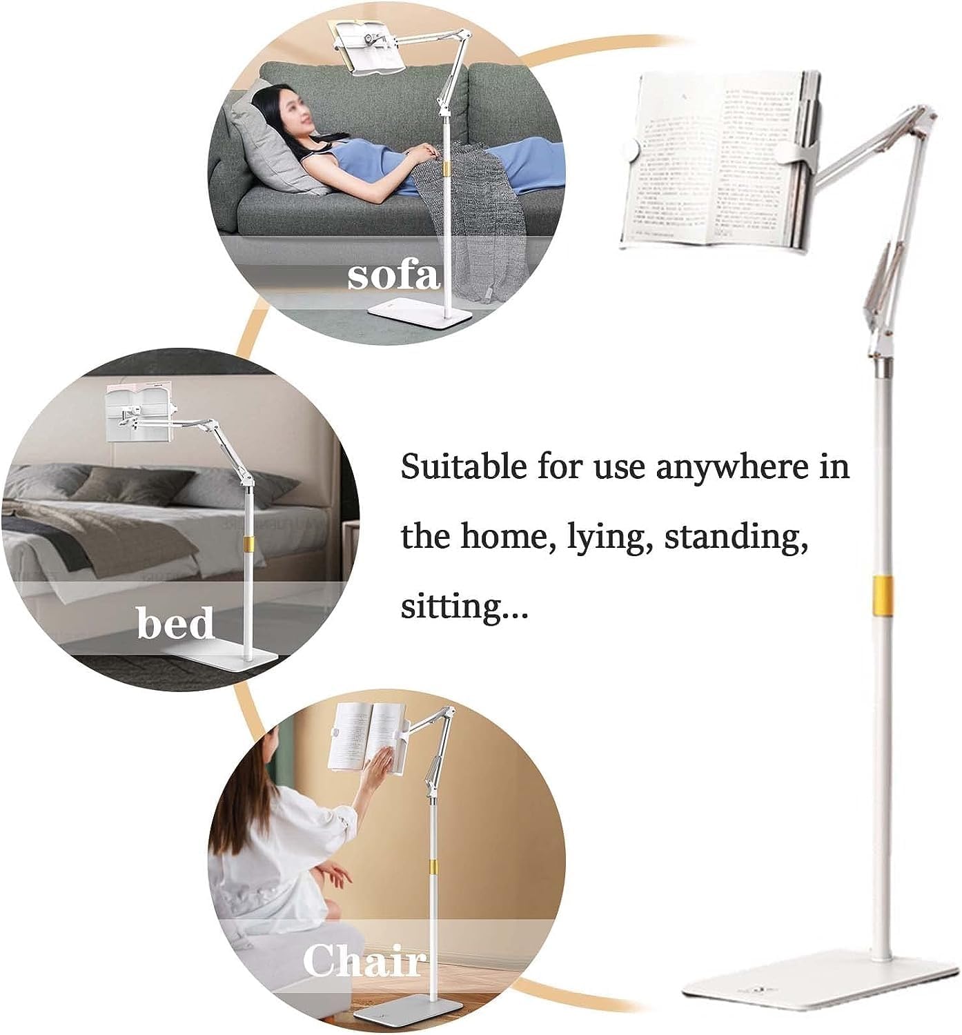 Book Holders for Reading Hands Free, Height Adjustable Cookbook Stand with Book Clip, Angle Adjustable Foldable Tablet Holder (Off White)