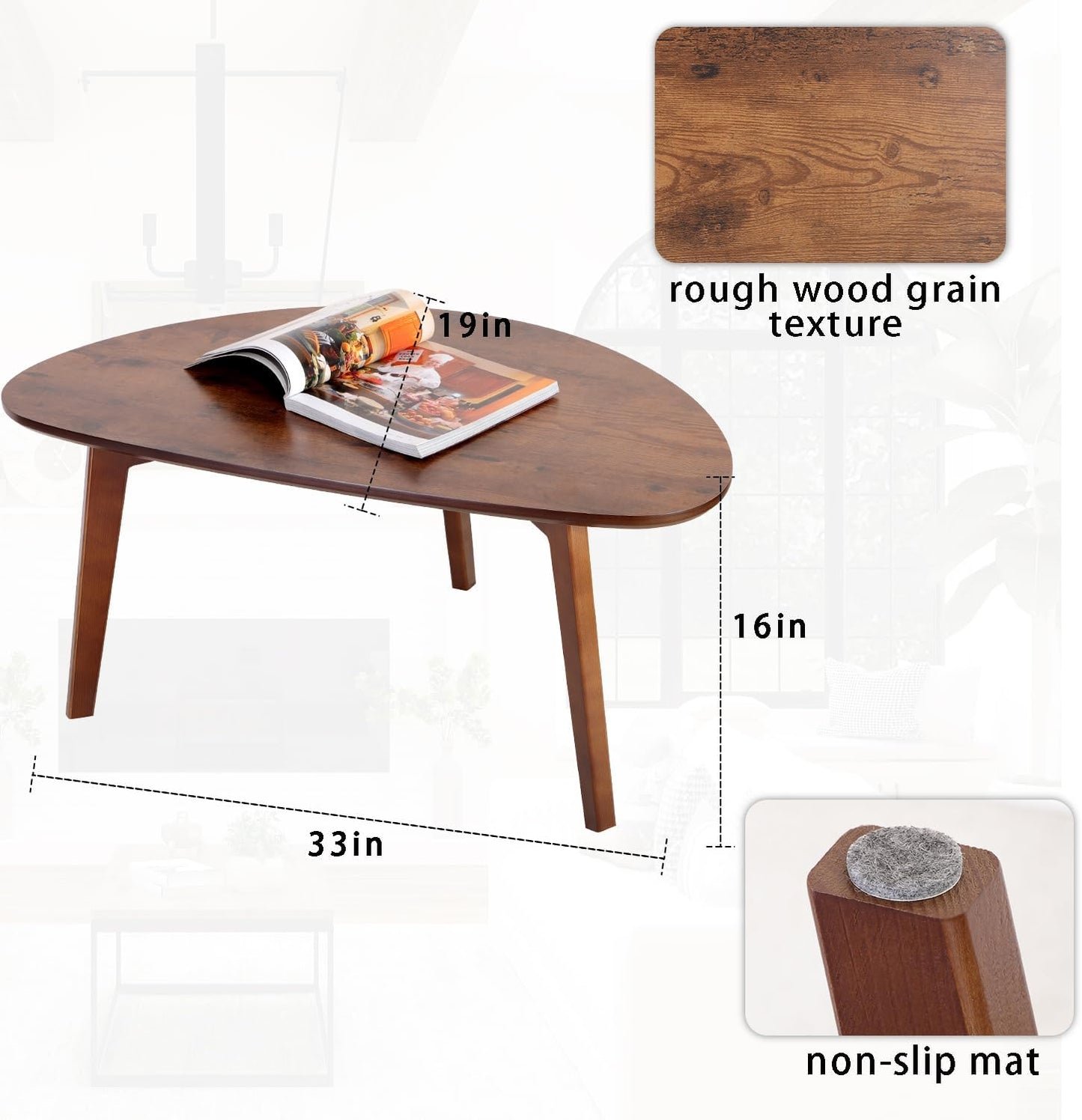 Large Oval Coffee Table Wood Mid Century Modern Unique Retro Farmhouse Contemporary Triangle Table for Living Room, Bedroom Office 19" D x 34" W x 16" H