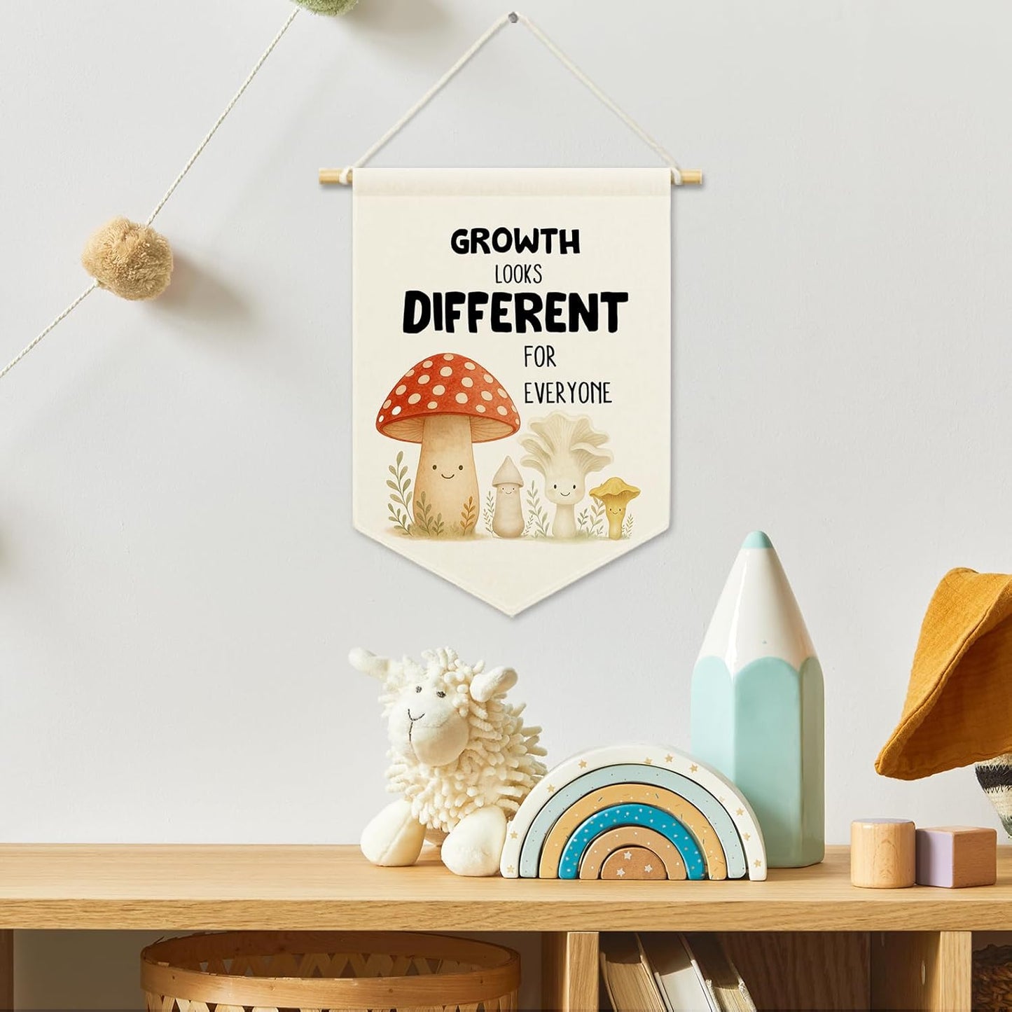 Mental Health Mushroom Kids Room Decor, Cute Nursery Classroom Banner Canvas, Growth Looks Different for Everyone Wall Hanging Frame Decor Art Pennant Flag for Toddler Room Playroom 11x15in