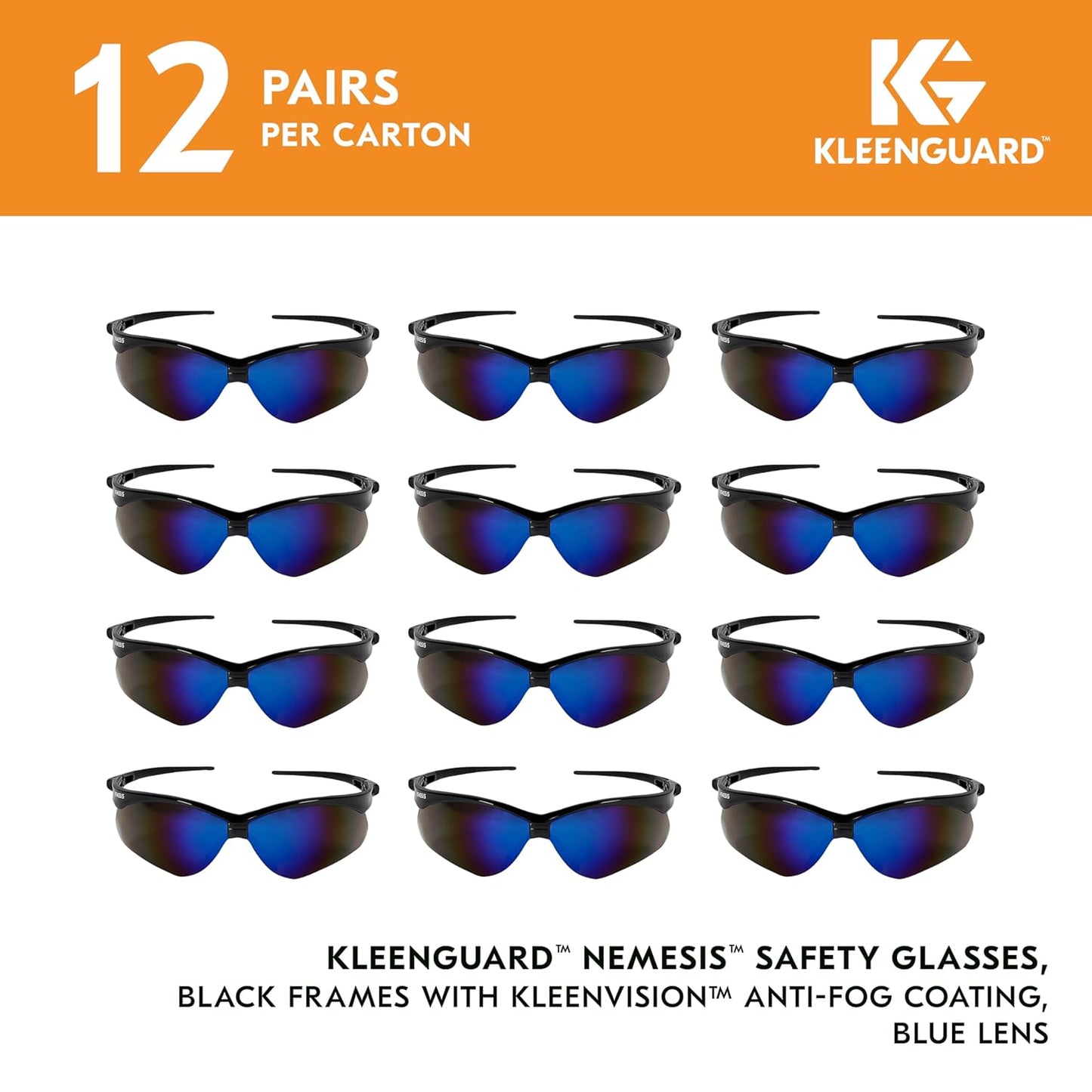 KleenGuard™ V30 Nemesis™ Safety Glasses (14481), Blue Lenses with Mirror coating, Black Frame, Unisex Eyewear for Men and Women (12 Pairs/Case)