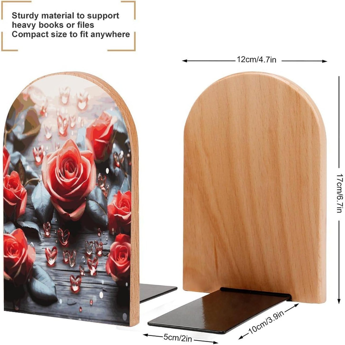 Romance Rose Flower with Heart Petal Wooden Bookend Non-Slip Book Ends Heavy Duty Book Stopper with Metal Base Books Holderd Decorative Bookends Stands Firmly for Office Supplies