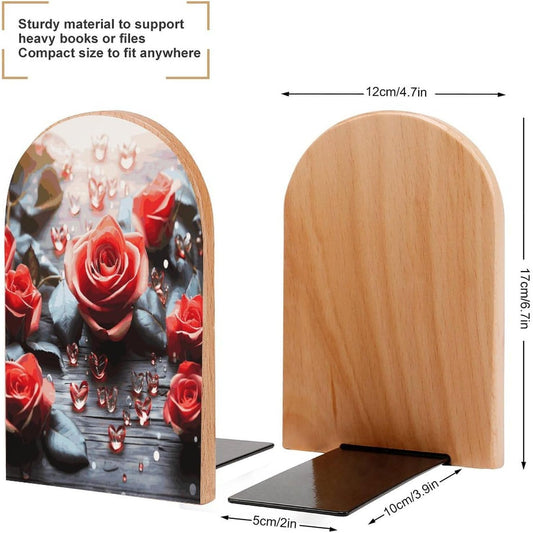 Romance Rose Flower with Heart Petal Wooden Bookend Non-Slip Book Ends Heavy Duty Book Stopper with Metal Base Books Holderd Decorative Bookends Stands Firmly for Office Supplies