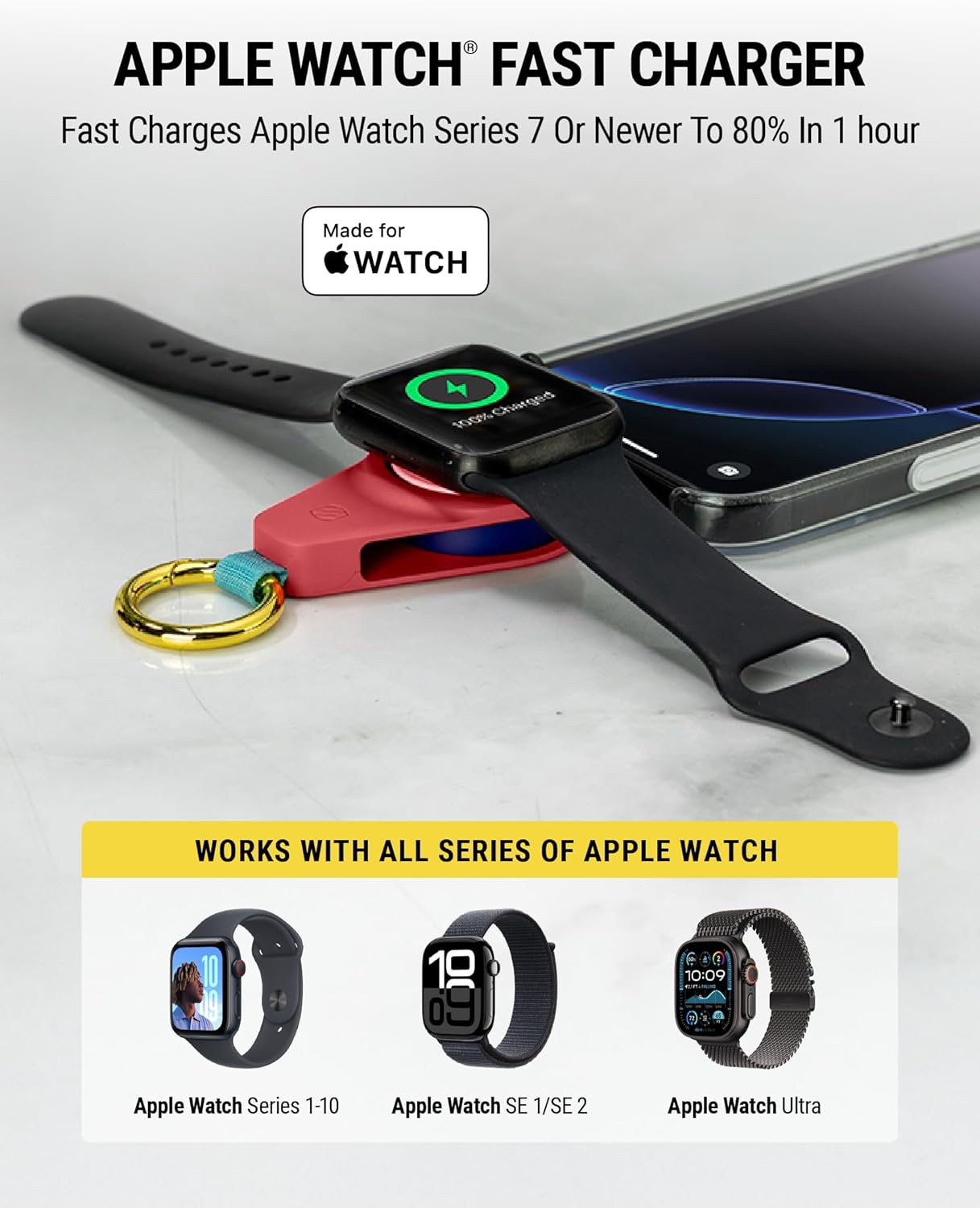 Scosche Fast Charging USB-C Powered Plug-in Travel Charger for Apple Watch, Portable Magnetic Charger Keychain for iWatch Compatible with Apple Watch Series 10/9/8/7/6/5/4/3/2 Ultra 2/SE, Sunset Coral