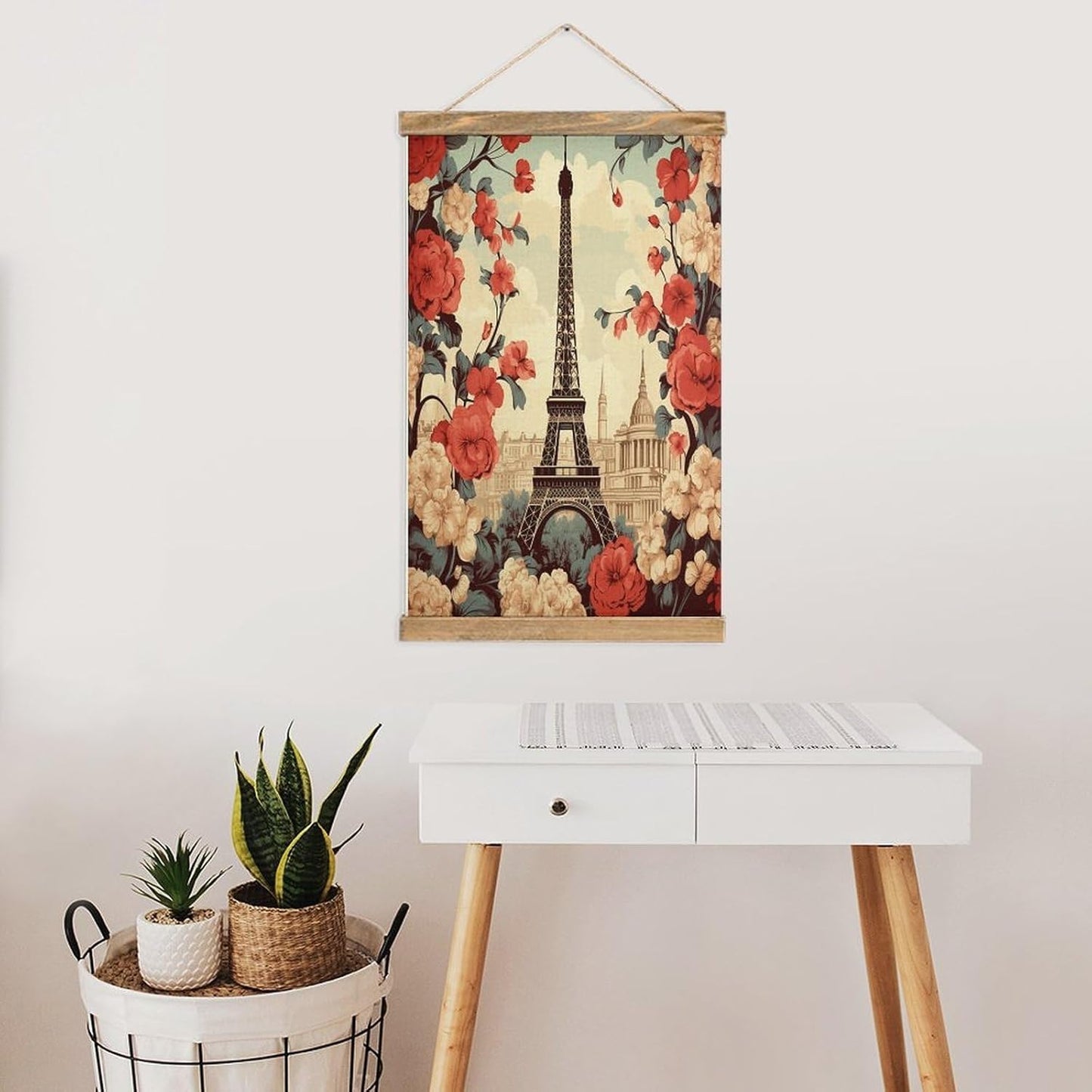 Vintage Paris Vintage Floral Poster with Wooden Frame Personalized Linen Hanging Scroll Painting Rustic Wall Hanging Illustrative Modern Artwork Decor for Home Living Room Bedroom Office