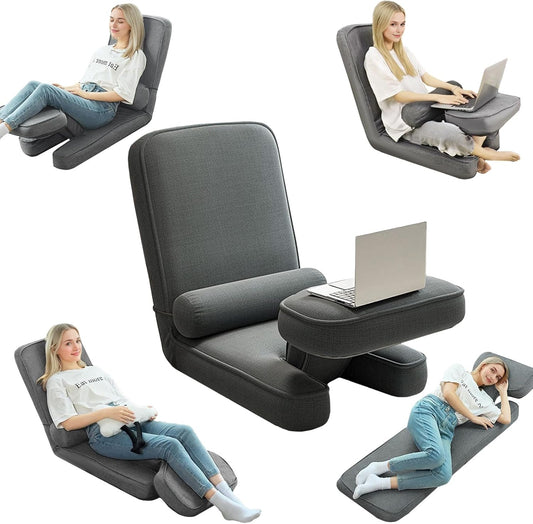 ZALL Grey Floor Folding Recliner Chair, Adjustable Back Support - Ergonomic Comfort for Game Room, Home Reading & Kitchen Leisure
