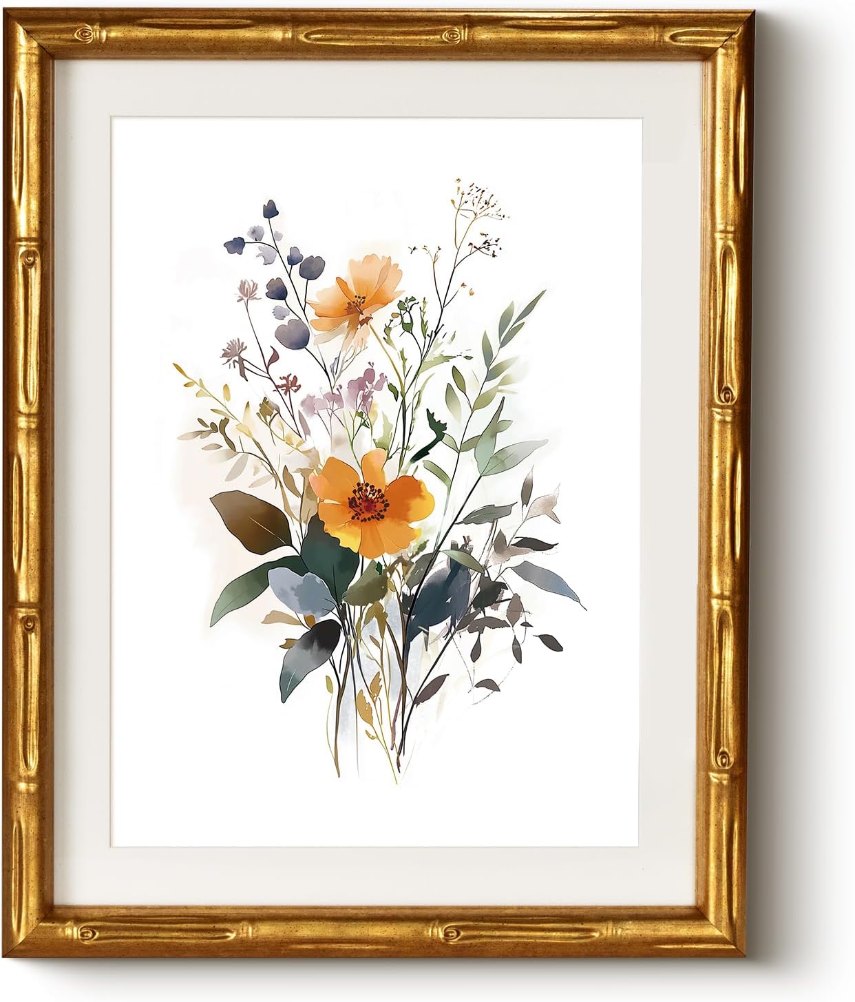 Gold Bamboo Style Framed Floral Canvas Wall Art, Elegant 11x14 Inch Botanical Flower Print, Modern Soft Illustration Watercolor-Inspired Artwork, Bedroom Entryway Bathroom Decor