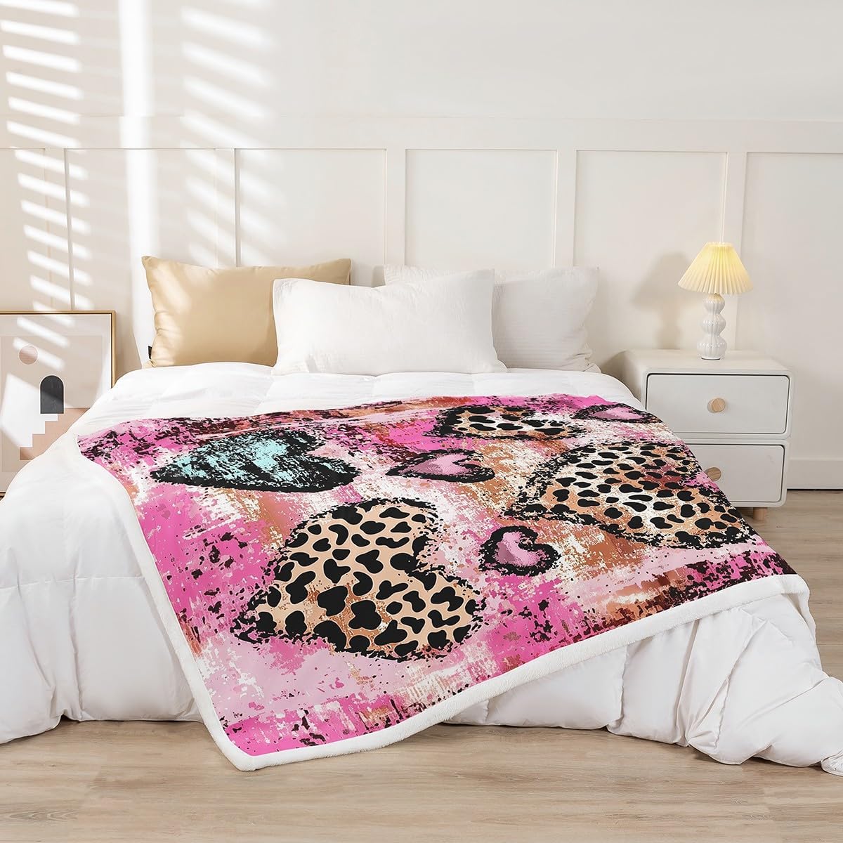 Feelyou Leopard Sherpa Blanket Boys Girls Twin 60"x80" Cheetah Fleece Throw Blanket for Kids Women Men Cute Love Heart Plush Blanket Animal Print Fuzzy Blanket Safari Flannal Blanket