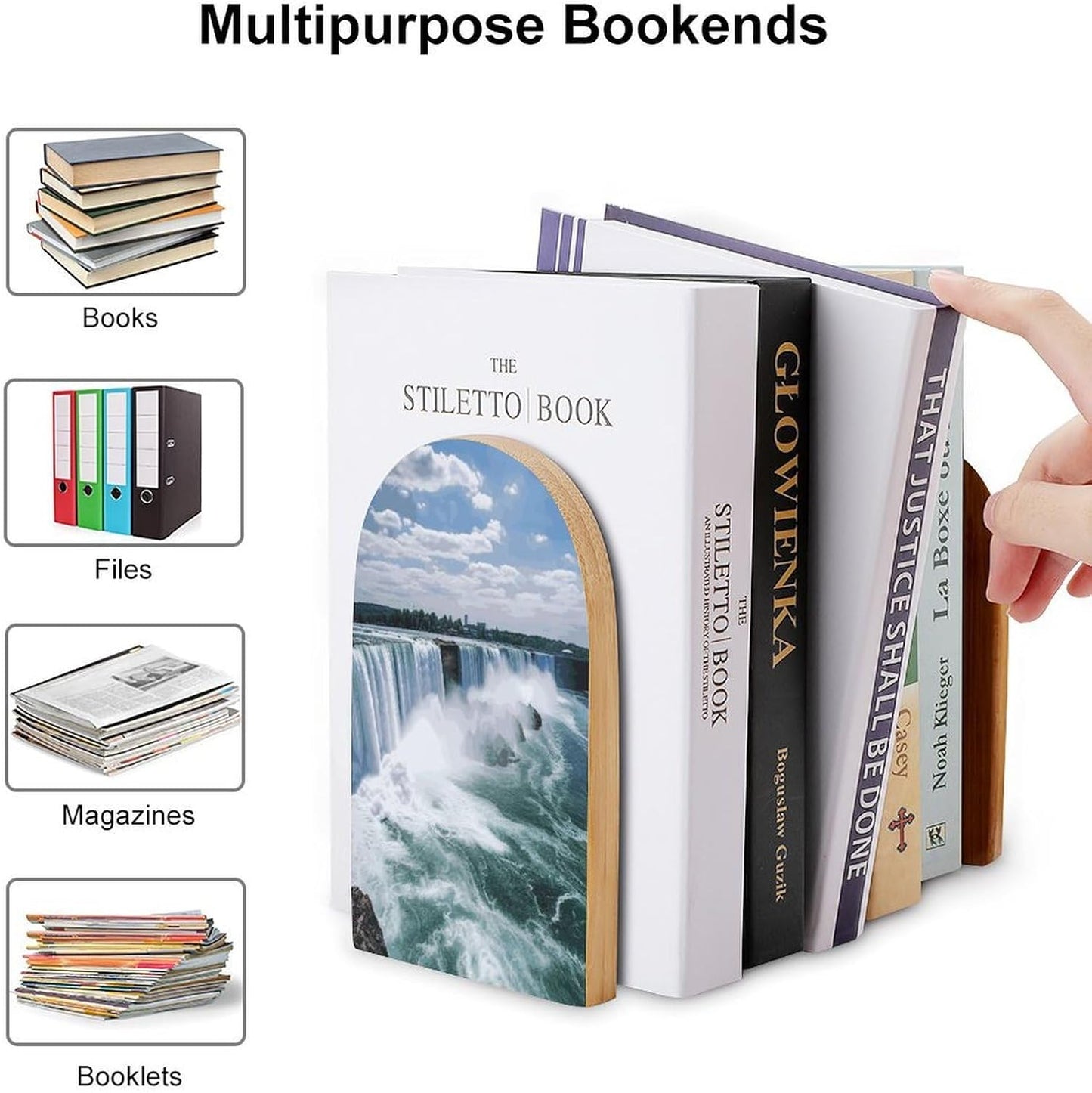 Niagara Falls Bookend for Shelves Wooden Book End Large Size Sturdy Book Holders Stoppers with Metal Base for Bookshelves Slick Decorative Bookends Stands