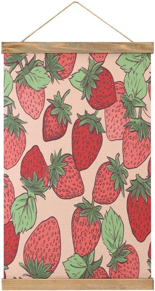 Vintage Strawberry Pattern Poster with Wooden Frame Personalized Linen Hanging Scroll Painting Rustic Wall Hanging Illustrative Modern Artwork Decor for Home Living Room Bedroom Office