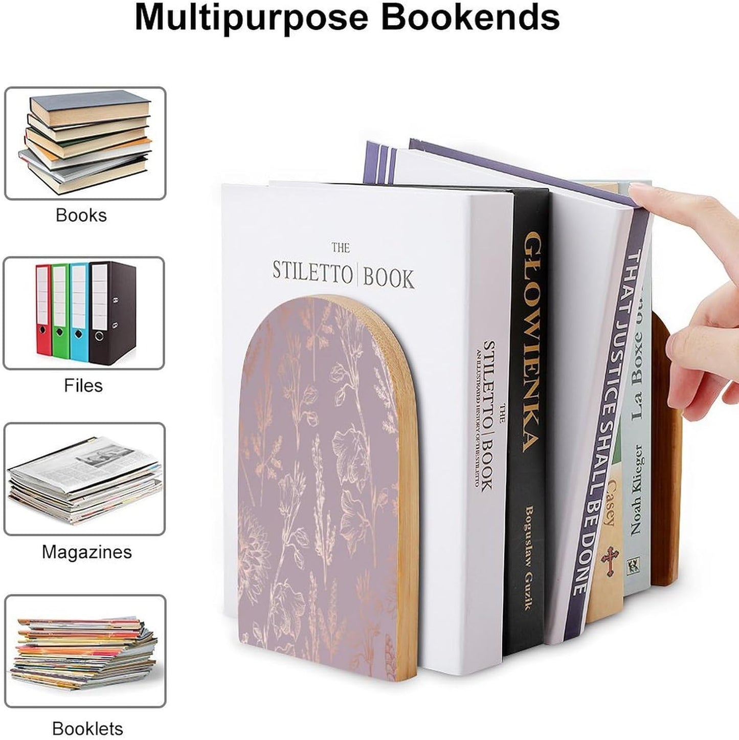 Rose Gold Floral Wooden Bookend Non-Slip Book Ends Heavy Duty Book Stopper with Metal Base Books Holderd Decorative Bookends Stands Firmly for Office Supplies