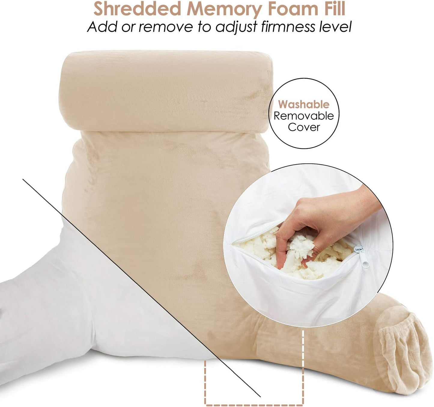 Clara Clark Reading Pillow, Back Rest Pillow for Sitting in Bed with Arms for Kids & Adults - Premium Shredded Memory Foam TV Sit Up Pillow - Large, Cream