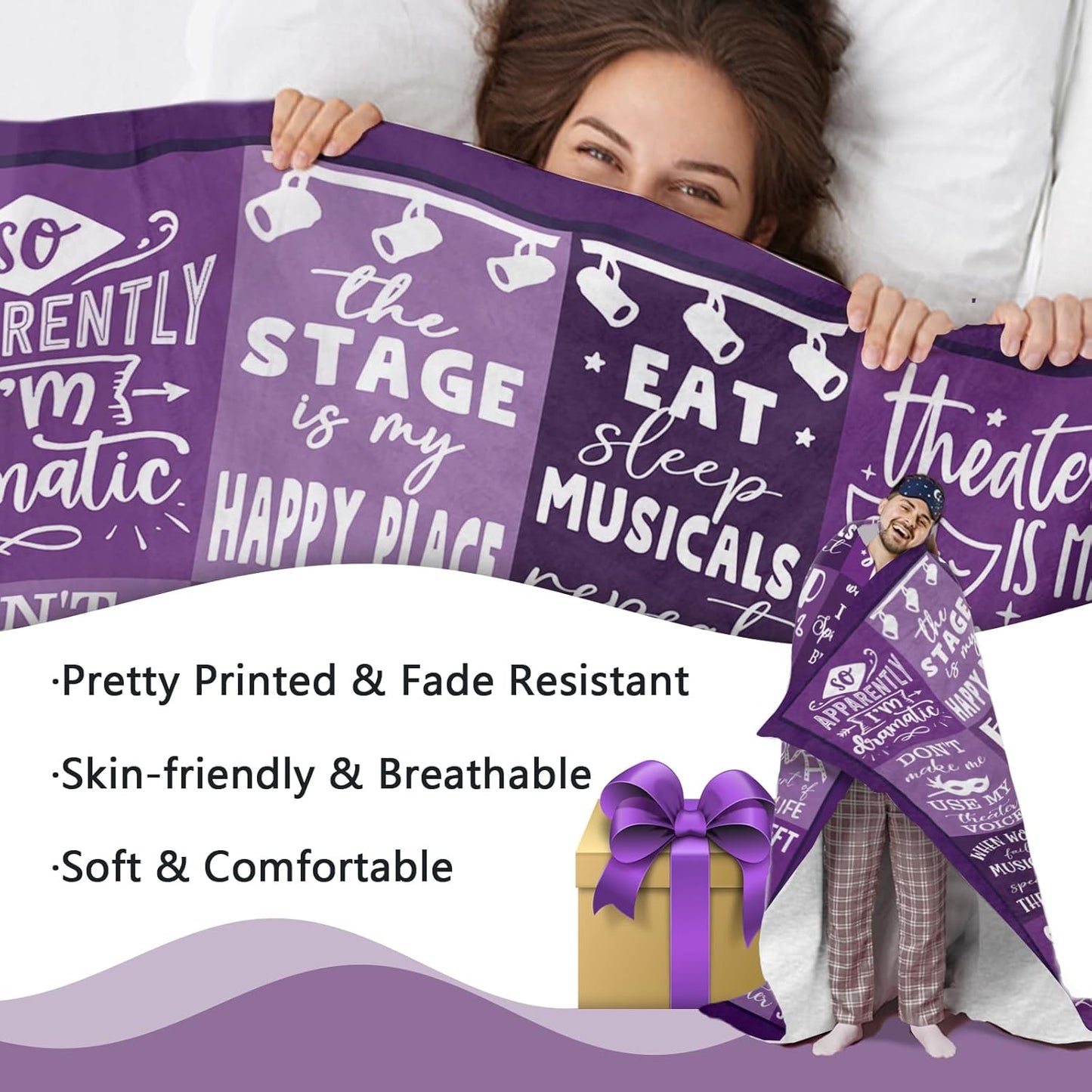 Theater Gifts Flannel Throw Blanket, Musical Present for Broadway Theatre Lover Actor, Birthday Ideas for Women Girl Boy, Eat Sleep Musicals Repeat Purple Blanket 50" x 60"