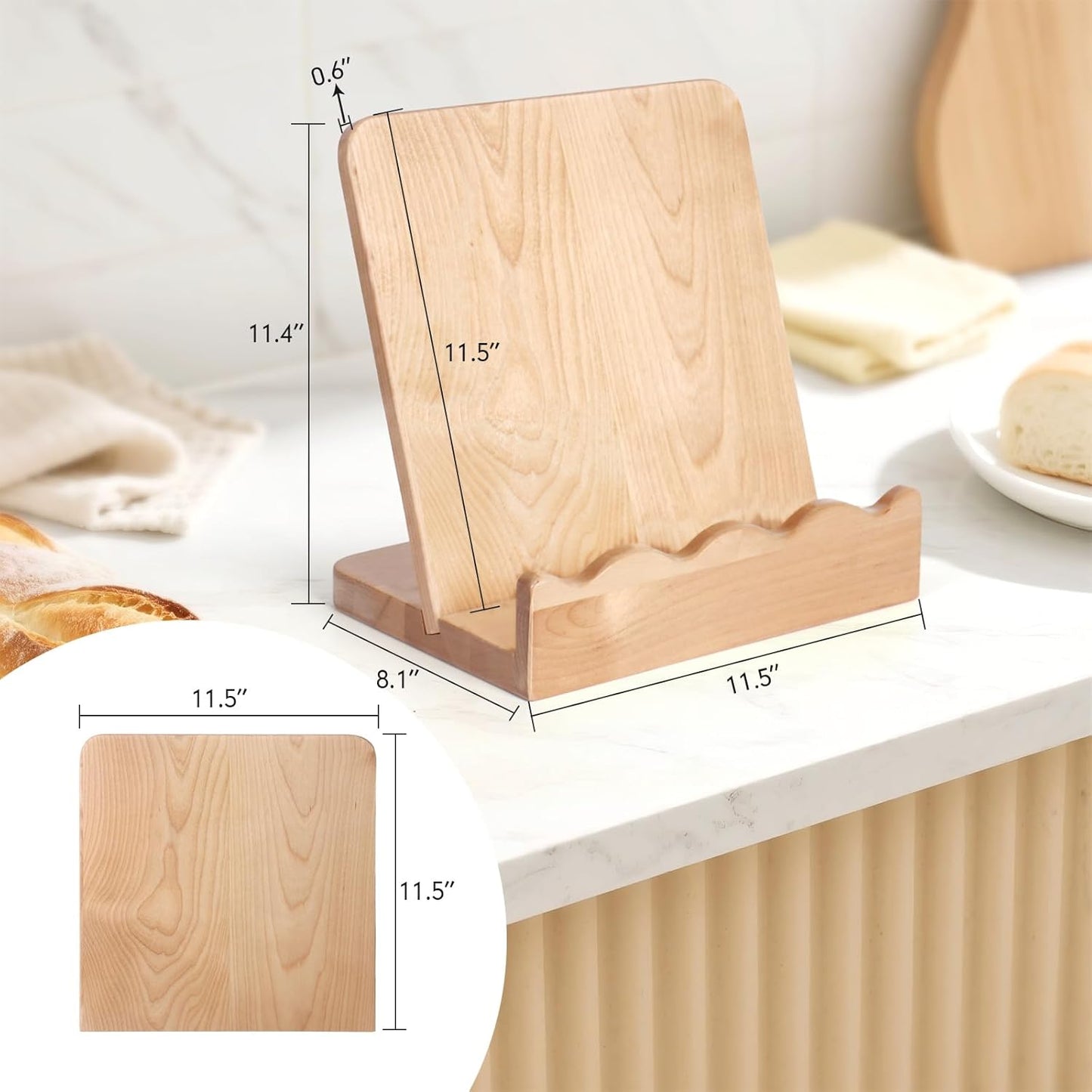 Scalloped Wooden Cookbook Stand with Removable Cutting Board – Adjustable Recipe Book Holder, Charcuterie Board & Kitchen Serving Tray – Kitchen Counte Decor/Maple Wood