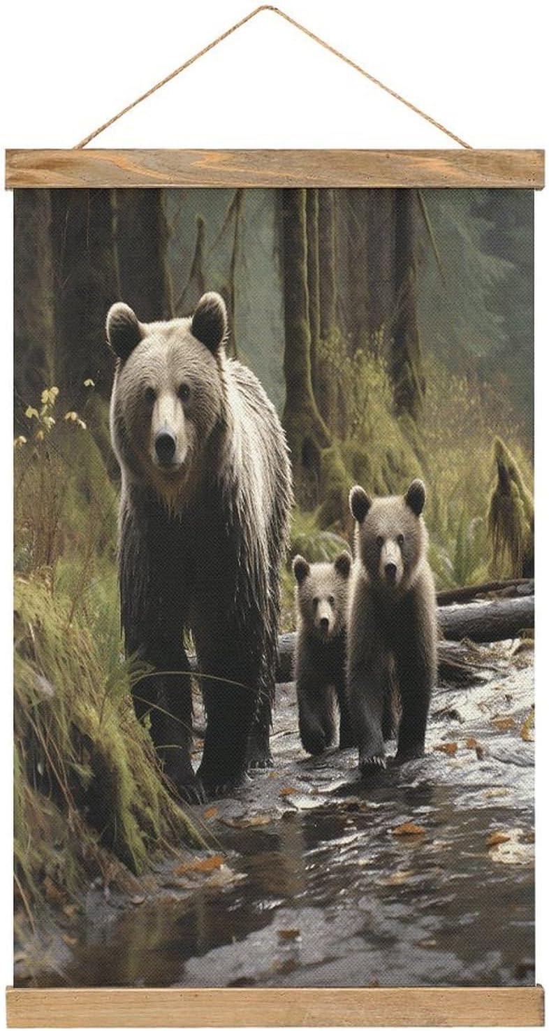 Vintage Mother Bear And Her Cubs Poster with Wooden Frame Personalized Linen Hanging Scroll Painting Rustic Wall Hanging Illustrative Modern Artwork Decor for Home Living Room Bedroom Office