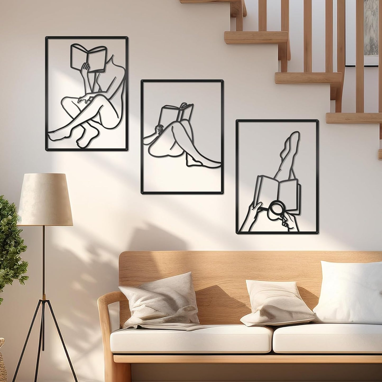 Zzbakress 3 Pcs Female Book Wall Art Black Metal Wall Decor Large Reading Room Decor Minimalist Line Wall Art Black Abstract Wall Art for Reading Room Living Room Bedroom (Elegant)