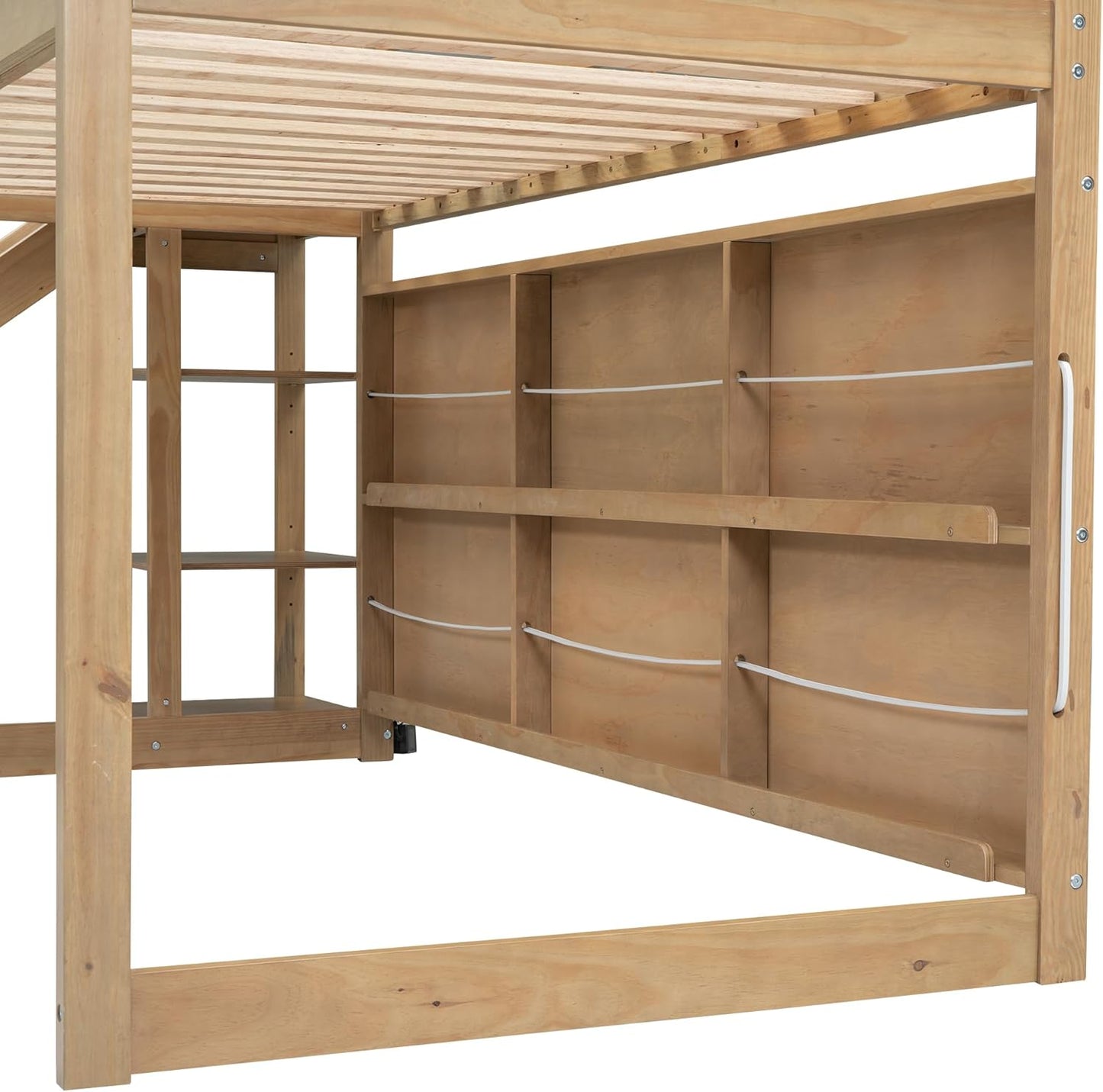 Modern Style 96.1" L Twin Size Wood Frame Loft House-Shape Bed,with Slide, Storage Shelves and Light, Climbing Ramp, Wood Color,1pcs