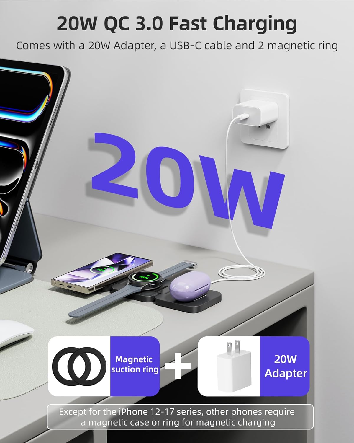 Foldable 3 in 1 Wireless Charging Station for Samsung, KU XIU X55 Ultra Magnetic Travel Charger Stand for Galaxy S24 Ultra S23 S22 Note 20 Z Fold Flip 6 5, Galaxy Watch Ultra 7 6 5, Galaxy Buds, Black