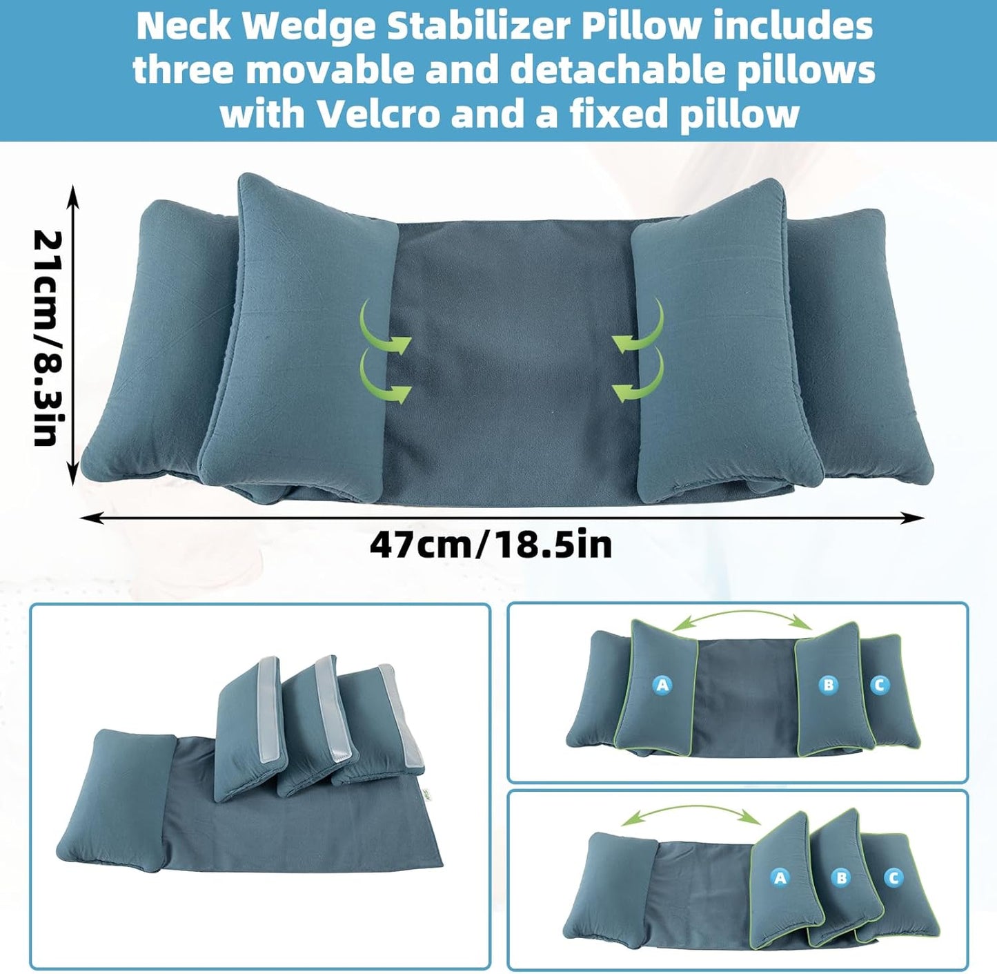 Neck Wedge Stabilizer Pillow for Sleeping to Keep Head Straight, Wedge Head Positioning Pillows for Elderly, Bedridden and Disabled, Face up Posture Sleep Upright Pillow (Blue)