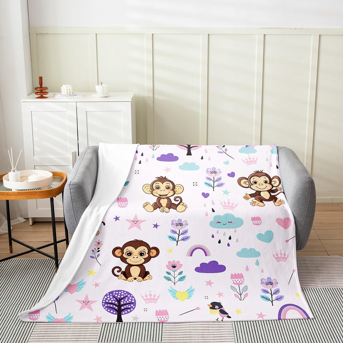 Erosebridal Floral Monkey Throw Blanket 30x40 inch,Cartoon Monkey Fleece Blanket for Kids Boys Girls,Purple Wildlife Flannel Blanket,Rainbow Flower Stars Clouds Bed Blanket for Baby,Pets,Leg Cover