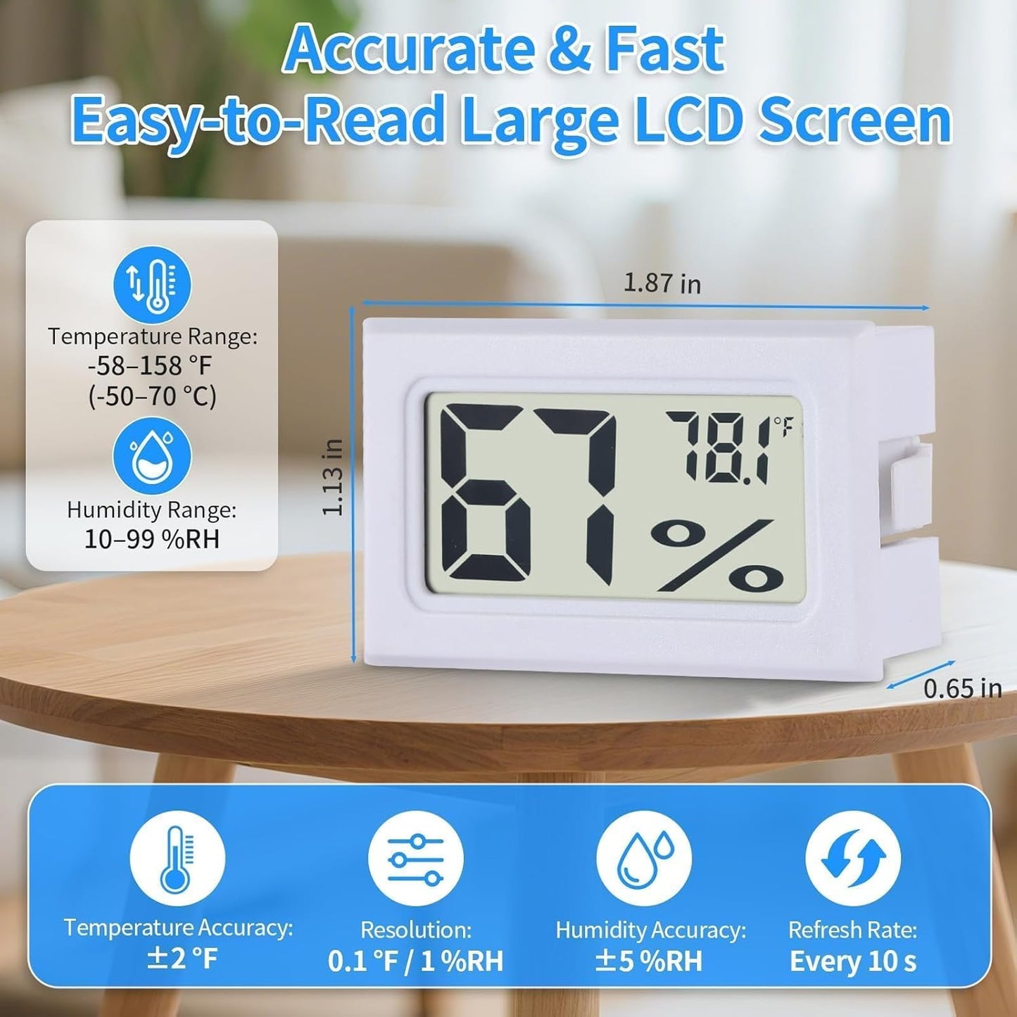 8-Pack Mini Digital Hygrometer Thermometer, Front-View Frame Adhesive for Mason Jar & Reptile Tank, Indoor Humidity Meter Gauge for Greenhouse, Garden, Cellar & Curing, 12-Month Battery