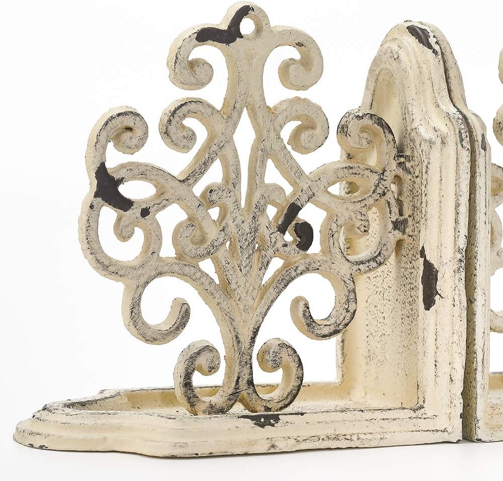 Heavy Duty Book Ends Set of 2, Medallions Decorative Bookends, Cast Iron Book Ends for Shelves, Shabby Chic White.