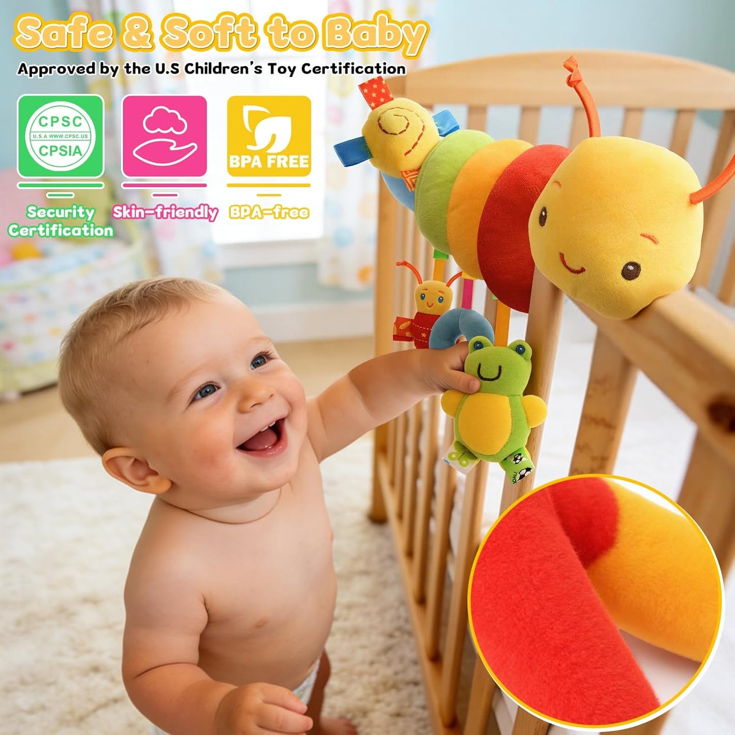Baby Crib Hanging Rattles Toys - Infant Baby Worm Crib Bed Around Rattle Bell Cartoon Insect Spiral Hanging Toy with Ringing Bell for Infants Bed Stroller Car Seat Bar for Babies Boys and Girls
