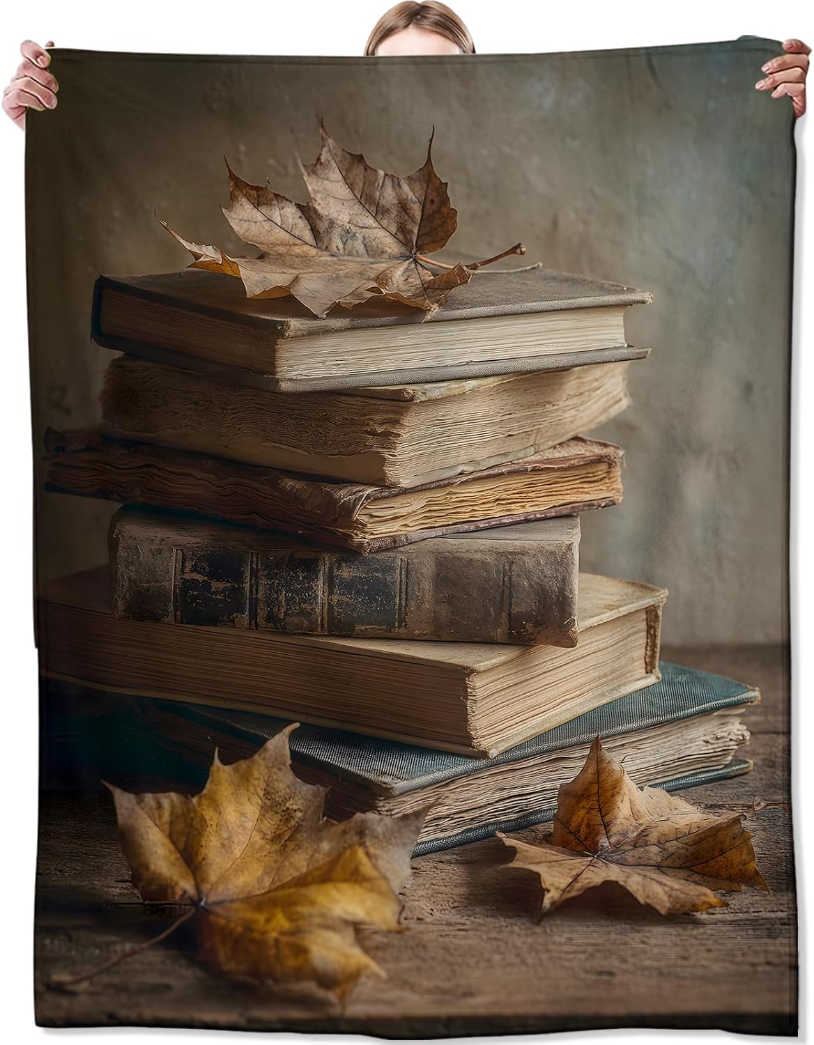 Vintage Book Blanket, Retro Autumn Leaf Blankts, Gifts for Adults Kids and Reading Lovers, Home Dorm Cabin Pet Area Picnic and Travel Decor, Soft Cozy Lightweight Flannel Throw,50"x60"