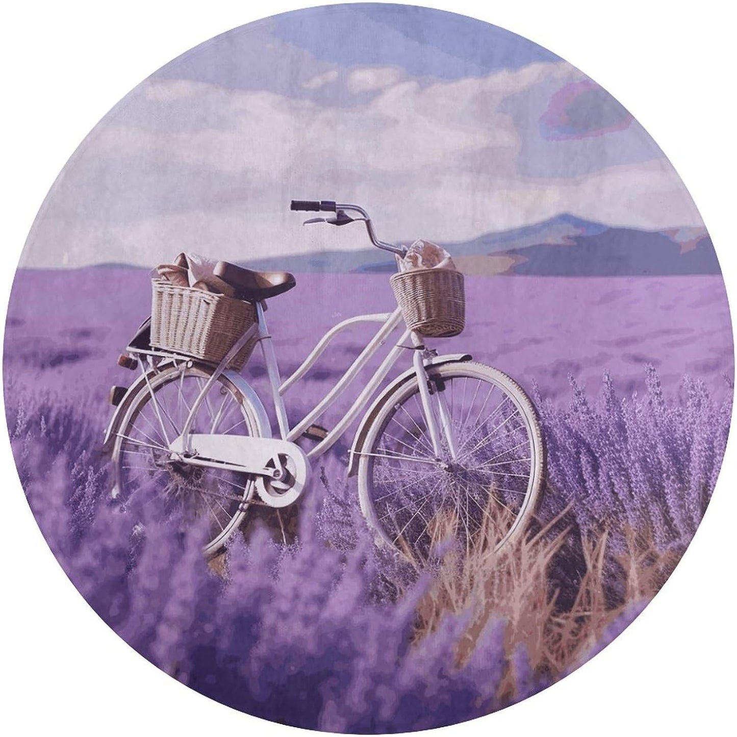 Lavender Field Bike Circle Rug Retro Luxury Coral Velvet Floor Mat Non Slip Soft Indoor Floor Carpet Comfy Thickened Area Rugs Modern Aesthetic Minimalist Carpets for Home Decor