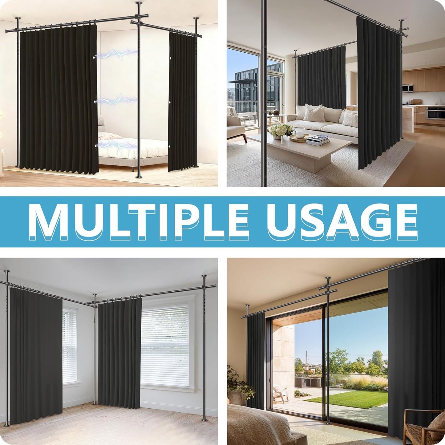 No-Drill Room Divider Curtains Set: Includes 106" W x 84" L Black Curtain 2-Panel & Adjustable Pole Brackets (72-200" W x 43-120" H Adjustable Range)