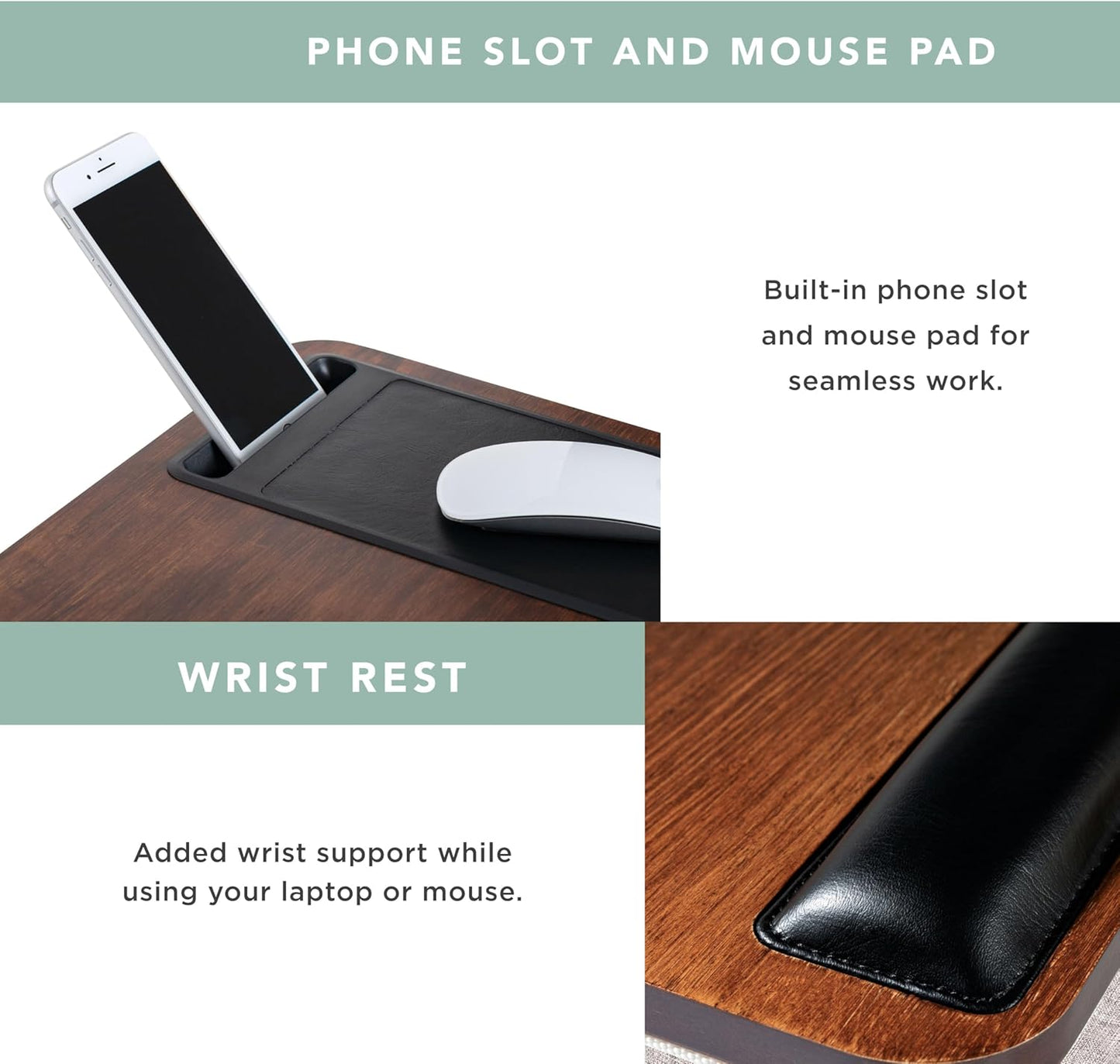 ROSSIE HOME Premium Acacia Wood Lap Desk with Wrist Rest, Mouse Pad, and Phone Holder - Fits up to 15.6 Inch Laptops - Java - Style No. 91712