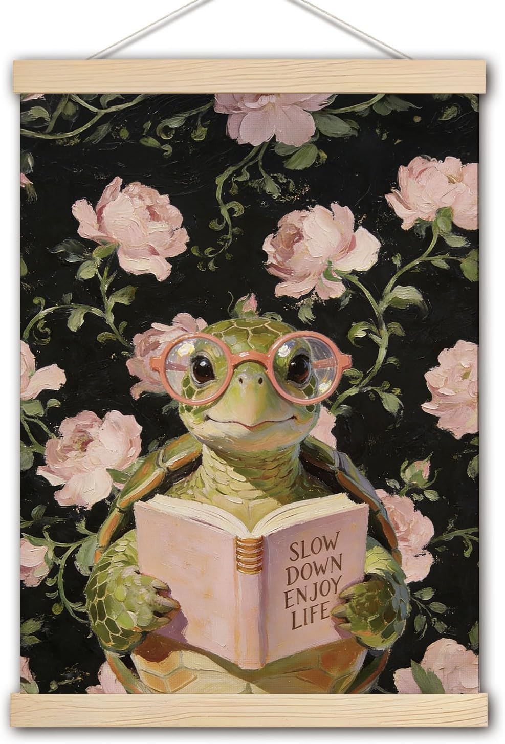pouep Whimsical Turtle Reading Book Wall Art Poster, Pink Rose Floral Inspirational Turtle Reader Canvas Prints Wall Decor for Reading Nook Corner Room Library Classroom, 12x16 Inches