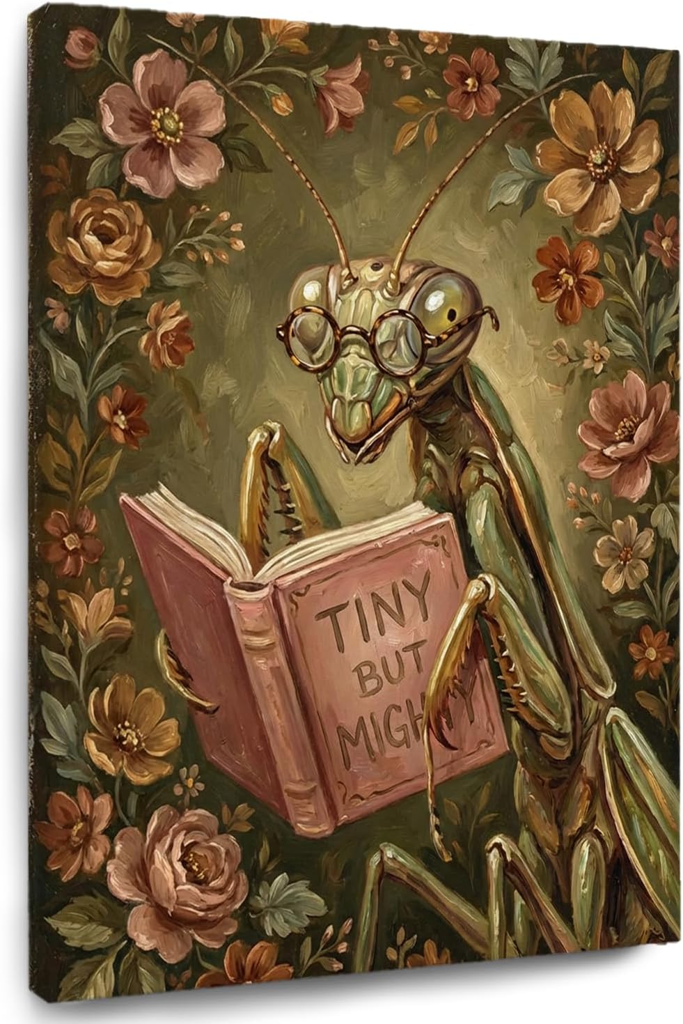 TAZSWDMM Mantis Reading Book Framed Canvas Wall Art Posters, Tiny But Mighty Inspirational Insect Bookish Wall Art Prints for Reading Room Library Book Nook Office Decor, 11x14 Inch