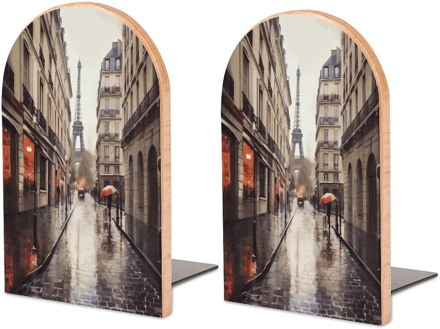Rainy Street in Paris Bookend for Shelves Wooden Book End Large Size Sturdy Book Holders Stoppers with Metal Base for Bookshelves Slick Decorative Bookends Stands