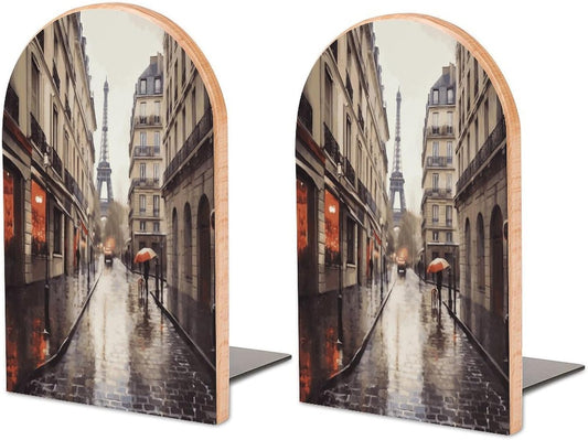 Rainy Street in Paris Bookend for Shelves Wooden Book End Large Size Sturdy Book Holders Stoppers with Metal Base for Bookshelves Slick Decorative Bookends Stands