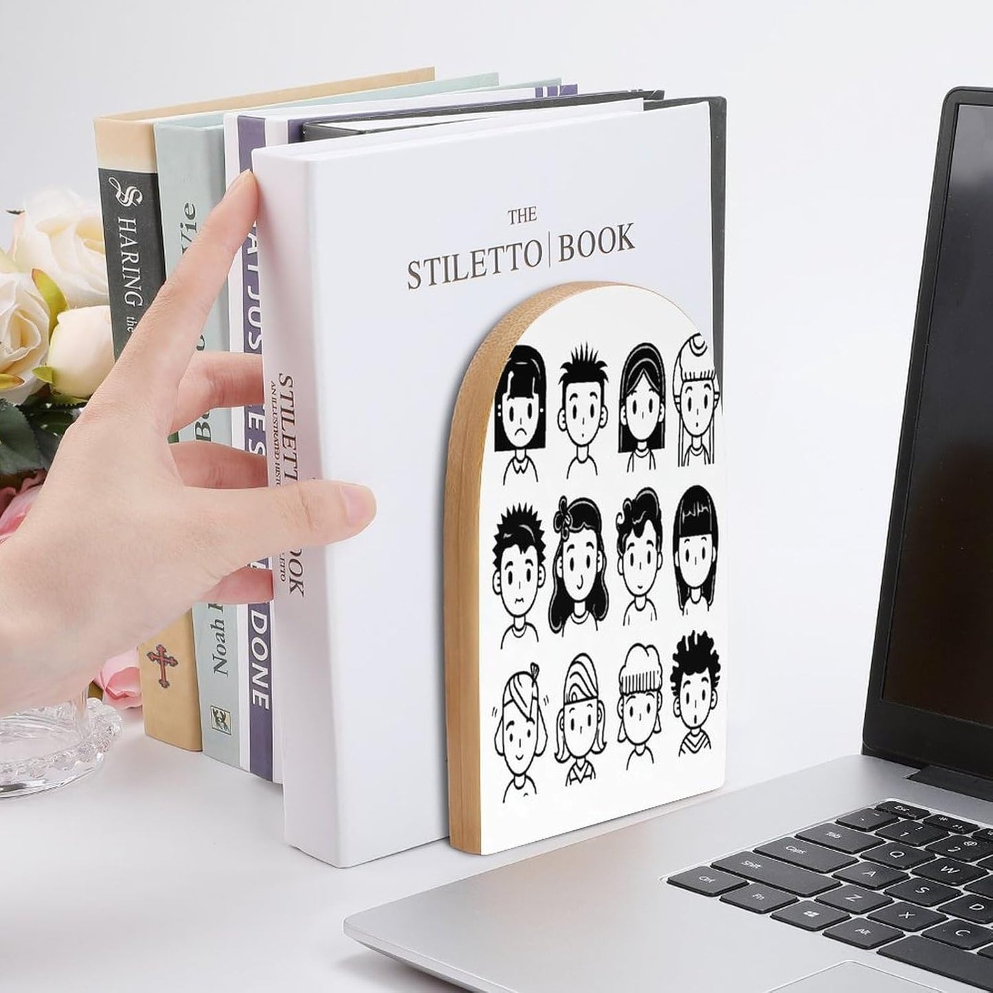 Various Faces Bookend for Shelves Wooden Book End Large Size Sturdy Book Holders Stoppers with Metal Base for Bookshelves Slick Decorative Bookends Stands