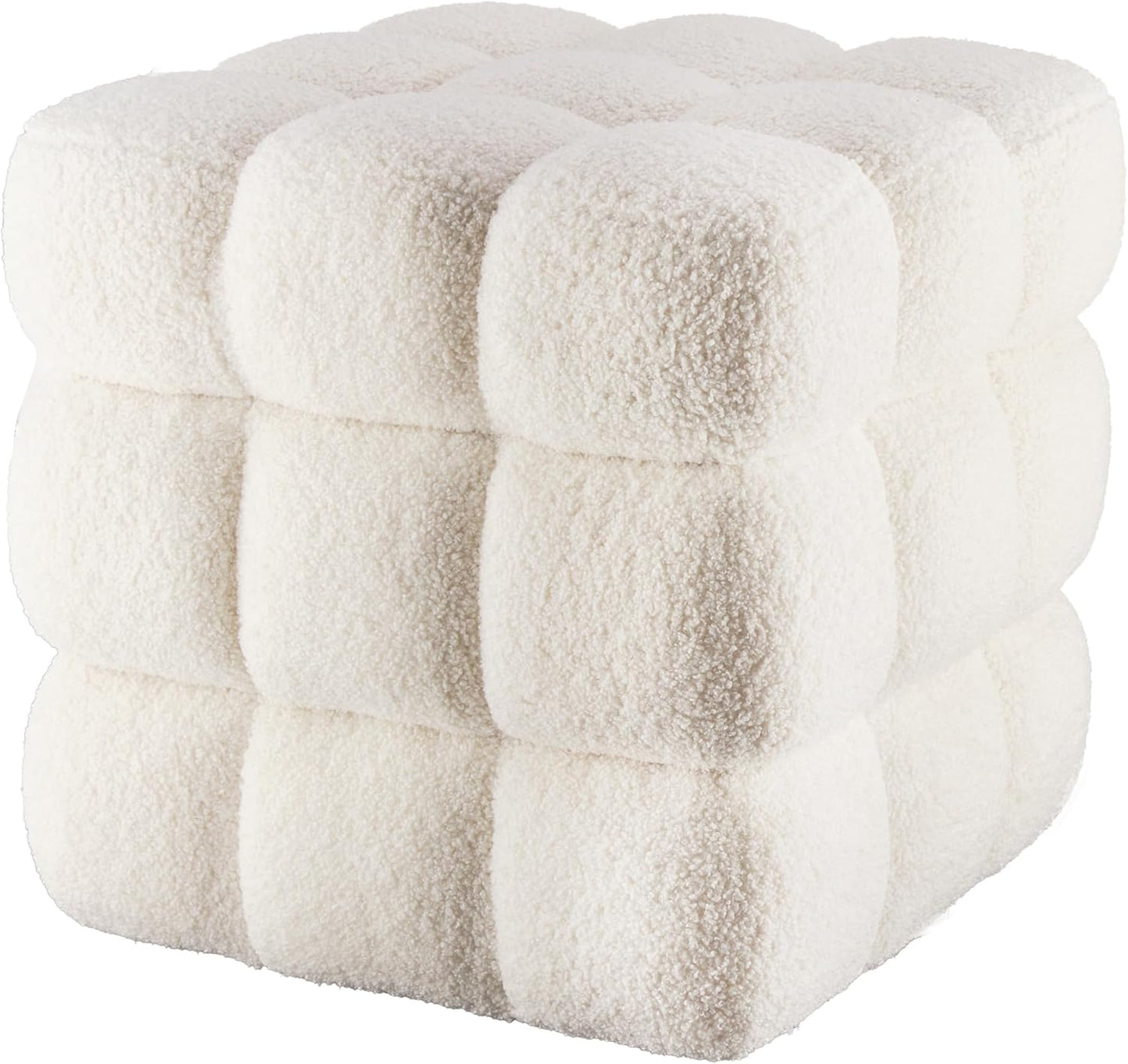 White Square Ottoman 17''3 Cube Pouf Installed,no Vacuum,Sturdy Wooden Frame,Capacity 330 lbs,Modern Sofa Stool Fuzzy Sherpa Footstool,Foot Rest,Cube Boucle,Vanity Stool,for Couch Living Room