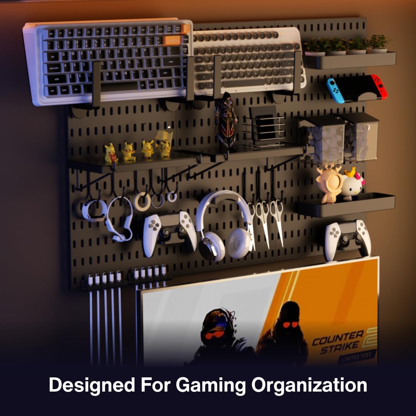 Keepo Pegboard Combination Kit, Pegboards and Accessories Modular Hanging for Gaming Setup, Gaming Station Peg Board, Gaming Organizer, Wall Game Controller Holder, Headset Stand (Black, 33″×22″)