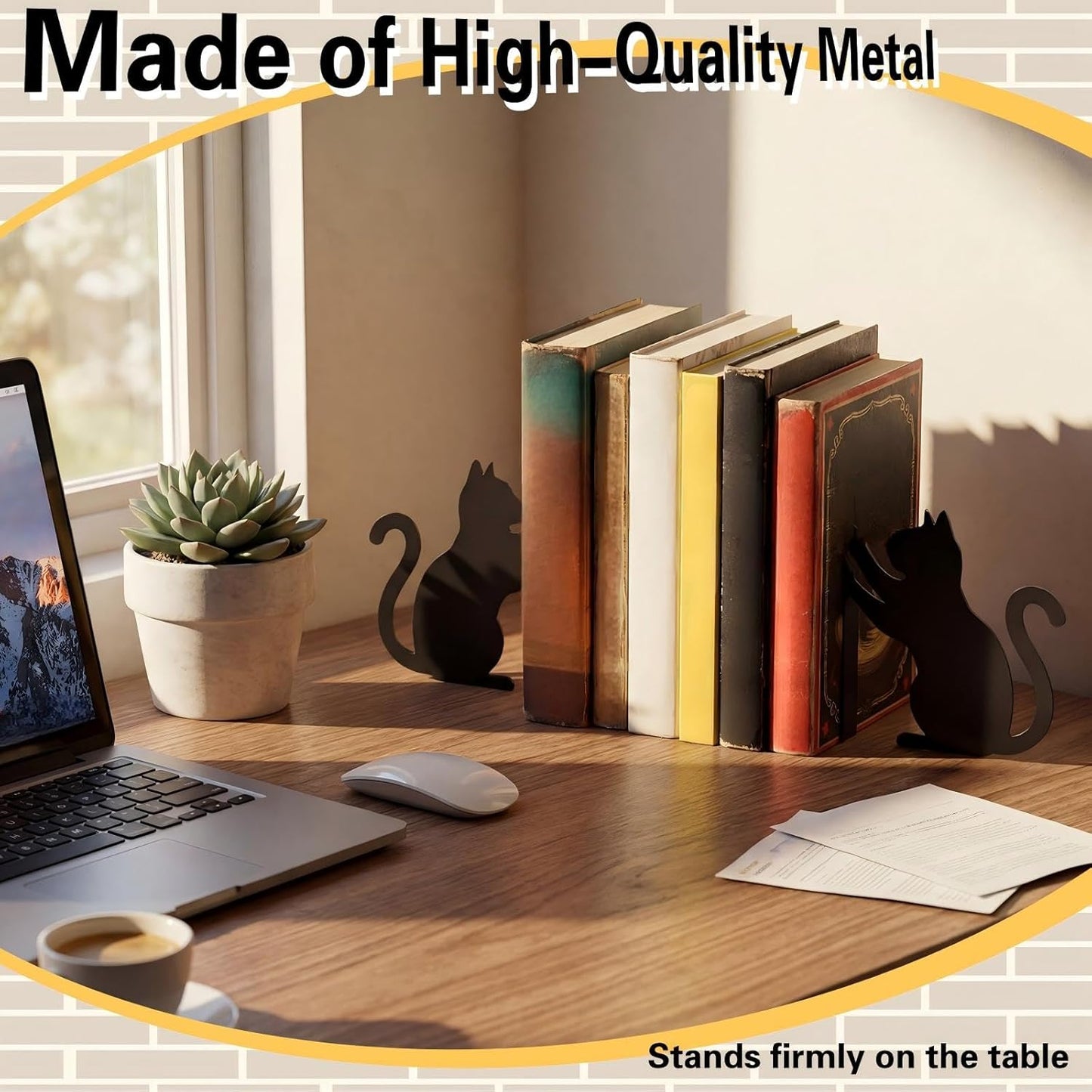 Hicarer Cat Metal Bookends Push Cat Bookends Cute Book Ends for Shelves Decorative Home Office Desk Bookshelf Gift for Reading Enthusiasts Family