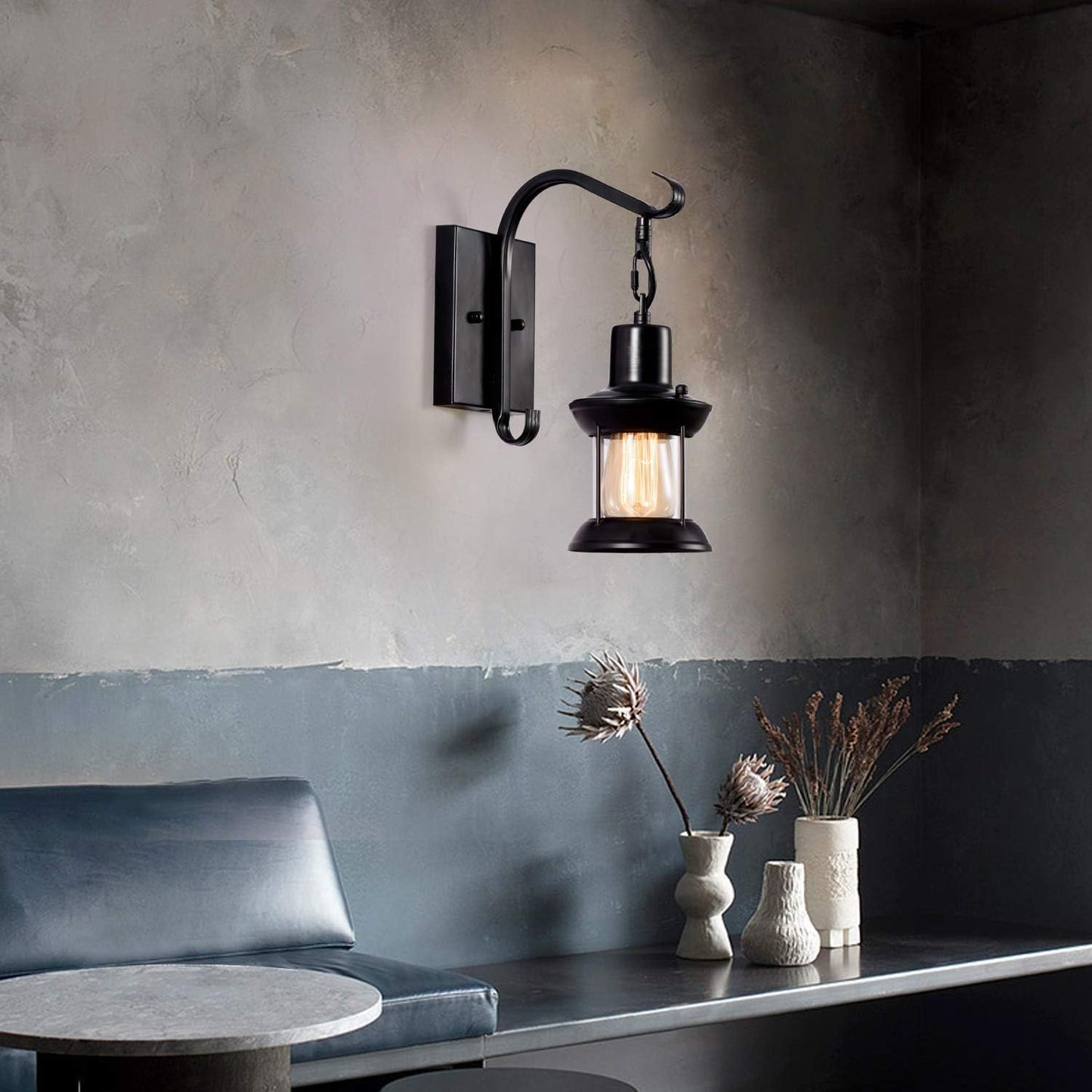 Vintage Wall Light Modern Black, Glass Shade Industrial Wall Sconce Plug in Lighting Fixture with 6.6FT Cord for Indoor Home Décor Headboard Rustic Retro Style (Black)