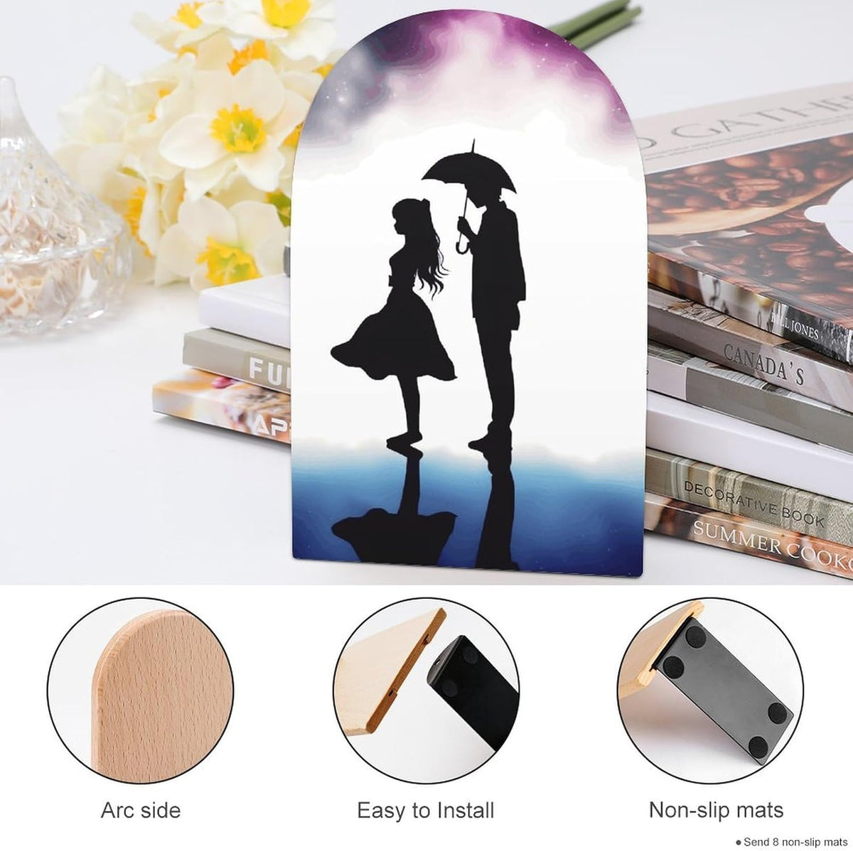 Non-Slip Bookend for Shelves Anime Lovers Silhouette Wooden Bookends with Metal Base Decorative Book Stopper for Home Heavy Duty Wood Book Storage for Books/CDs