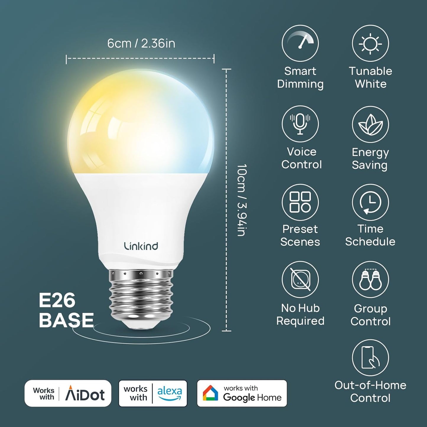 Linkind Smart Light Bulbs, Warm White to Daylight (2700K-6500K), Alexa Light Bulbs, Work with Alexa & Google Home, 60W Equivalent, Efficient 8.5W, 2.4G WiFi Bluetooth LED CRI>90, A19 E26 800LM, 4Pack