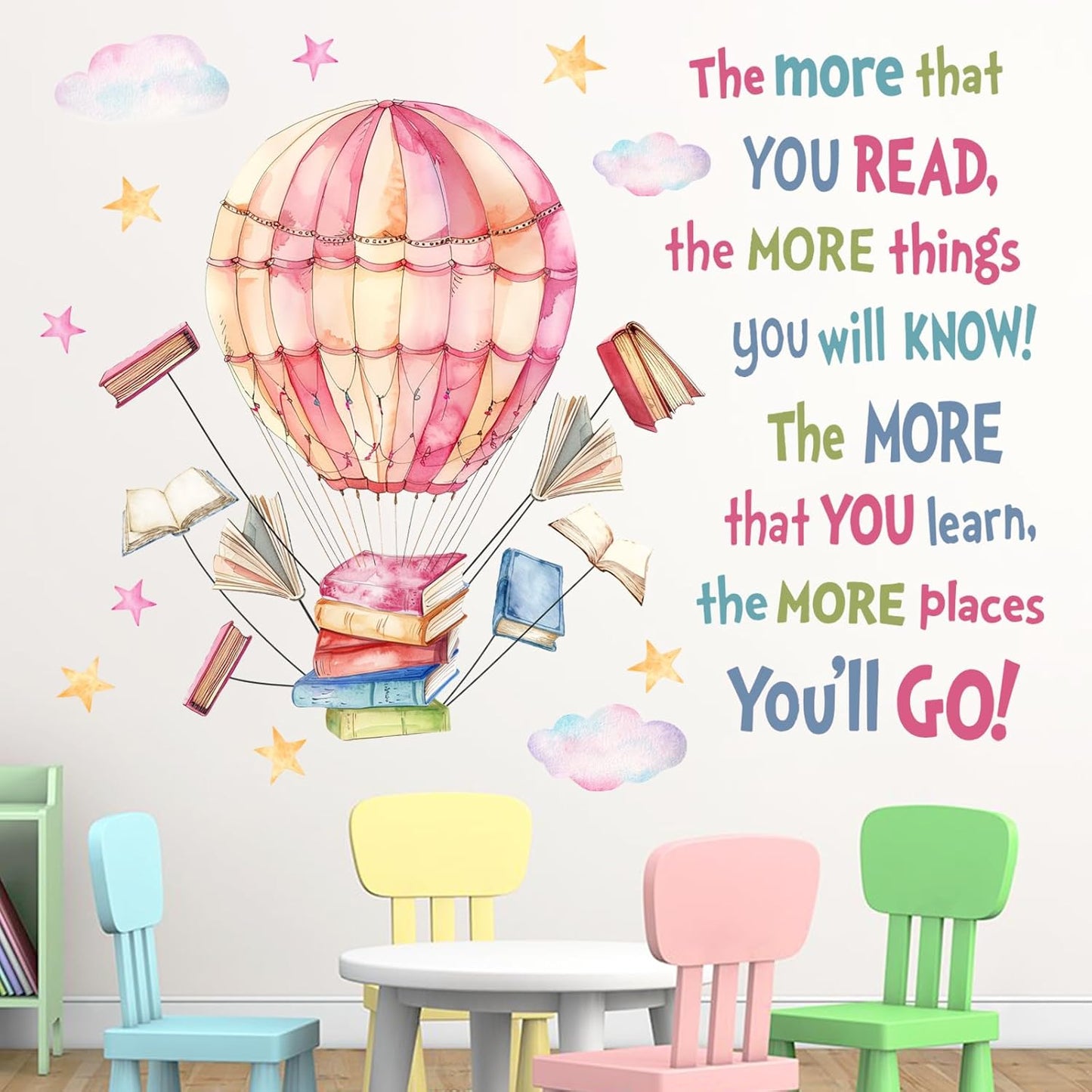Mfault Reading Book Nook Hot Air Balloon Wall Decals Stickers, Inspirational Quote Cloud Stars Nursery Reading Corner Decorations Kids Bedroom Art, Motivational School Classroom Playroom Home Decor
