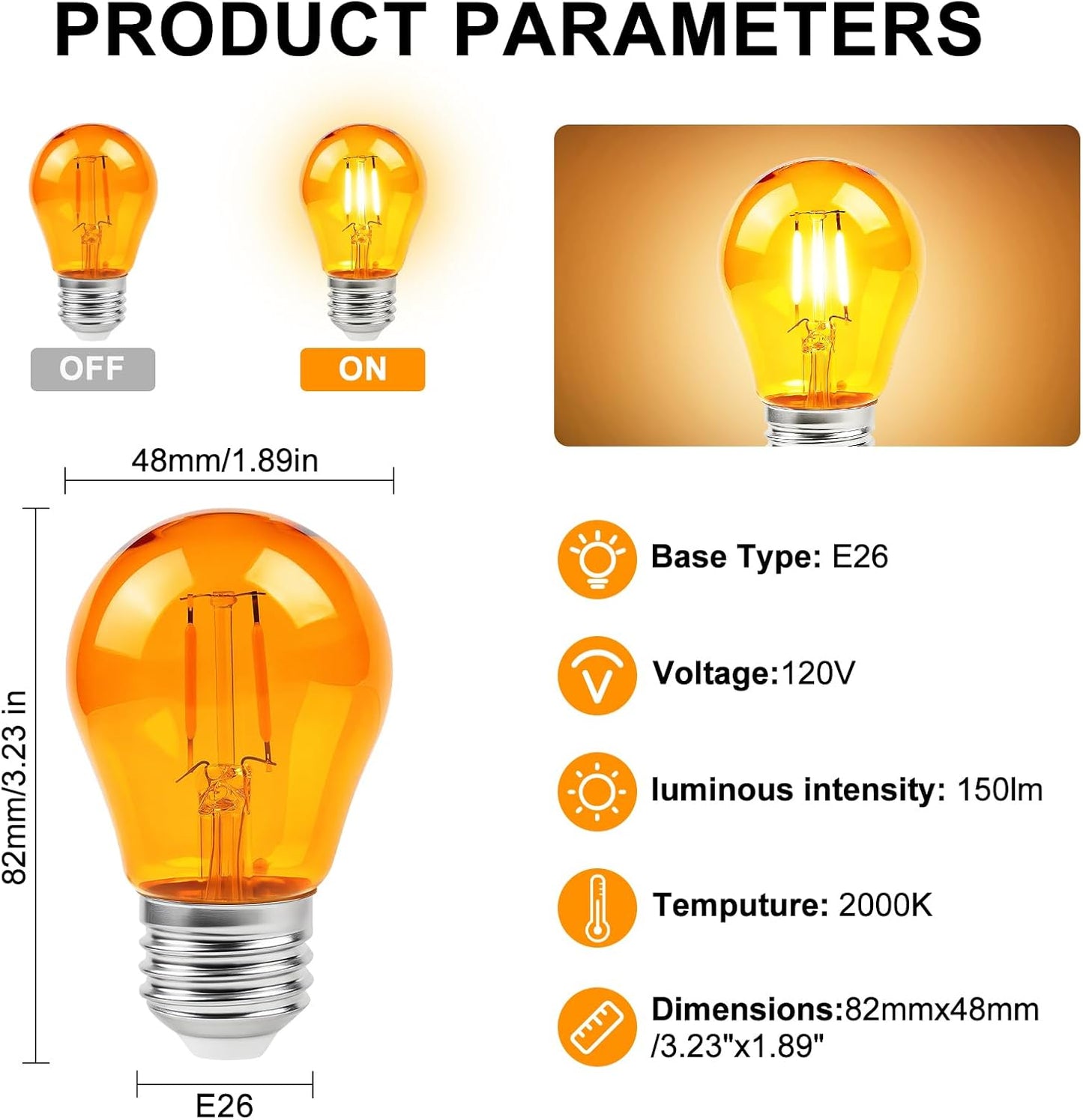 KINUR Amber Light Bulbs,A15 2 watt 2000K Warm Light Bulbs 15 watt Equivalent E26 Base for Bedtime Healthy Sleep 4 Pack