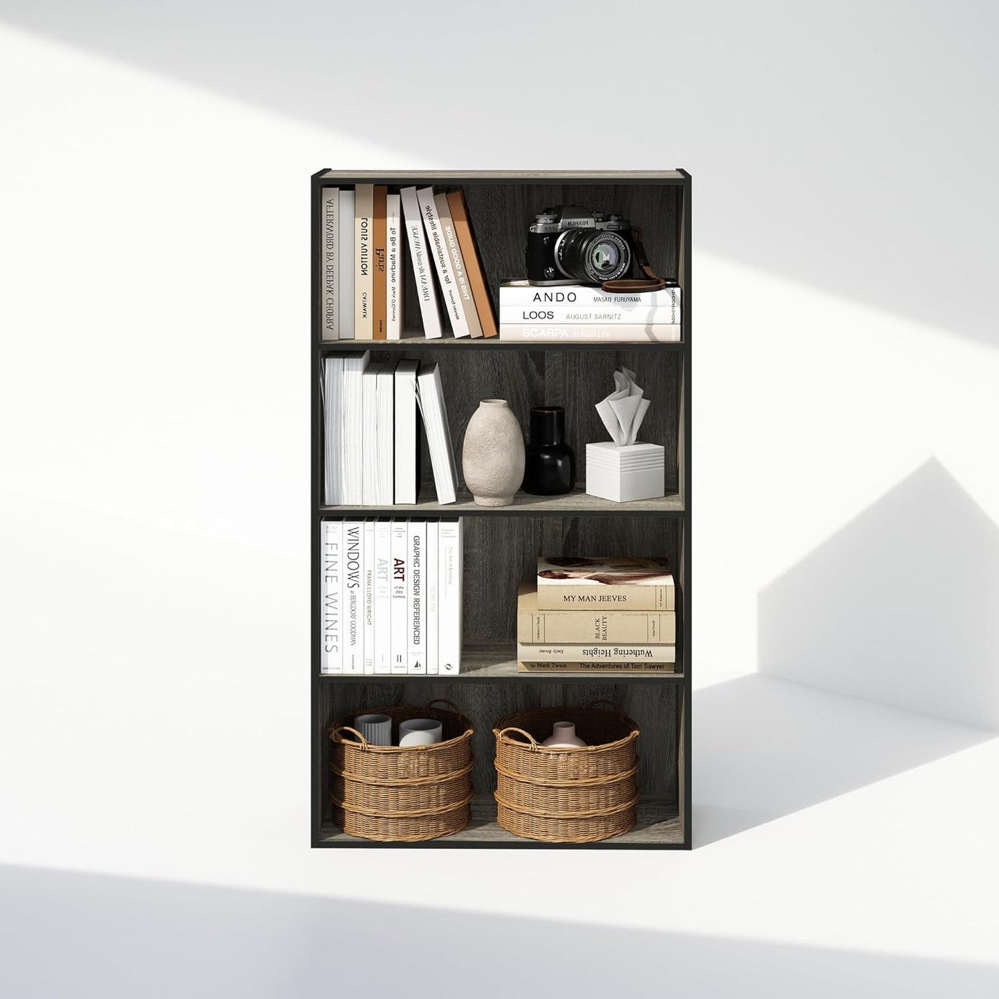 Furinno Simple Book Shelf, 4-Tier Bookshelf, Bookcase with Open Shelf, 9.4 x 23.6 x 41.7, for Living Room, Bedroom, Home Office, French Oak