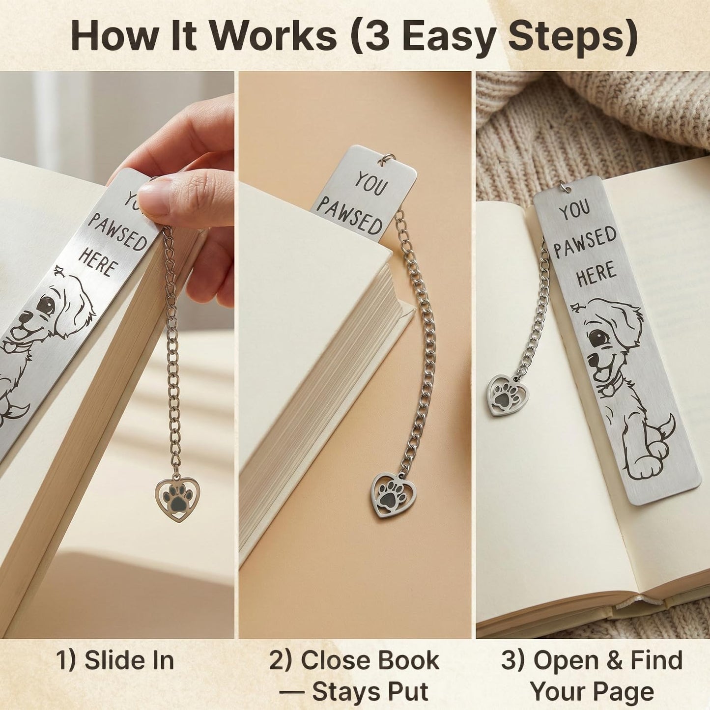Dog Bookmark, Stainless Steel Metal Bookmark with Paw Charm, Engraved “You PAWSED HERE”, Cute Puppy Book Marker Gift for Dog Lovers & Dog Moms