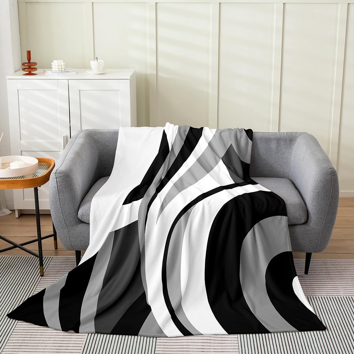 Gray Black White Swirls Throw Blanket Throw 50x60 Modern Geometric Circles Decorative Fleece Blanket for Men Women Adults Abstract Stripes Lines Simple Style Flannel Blanket for Living Room